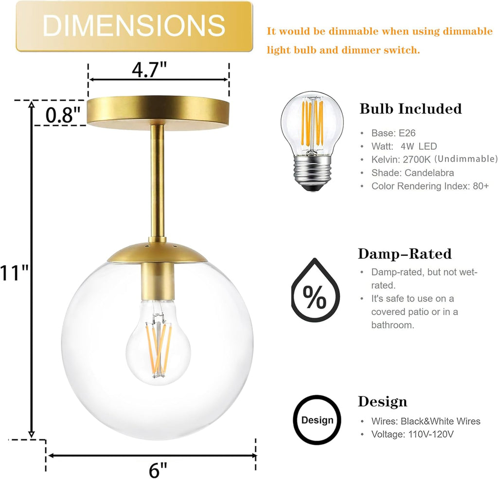 KoKo&Yukina Mid Century Modern Globe Semi Flush Mount Ceiling Light Fixture Clear Glass with Gold Brass Finish Globe Ceiling Light for Aisle Porch Stairway Closet Kitchen Laundry Room(Bulb Incl.)
