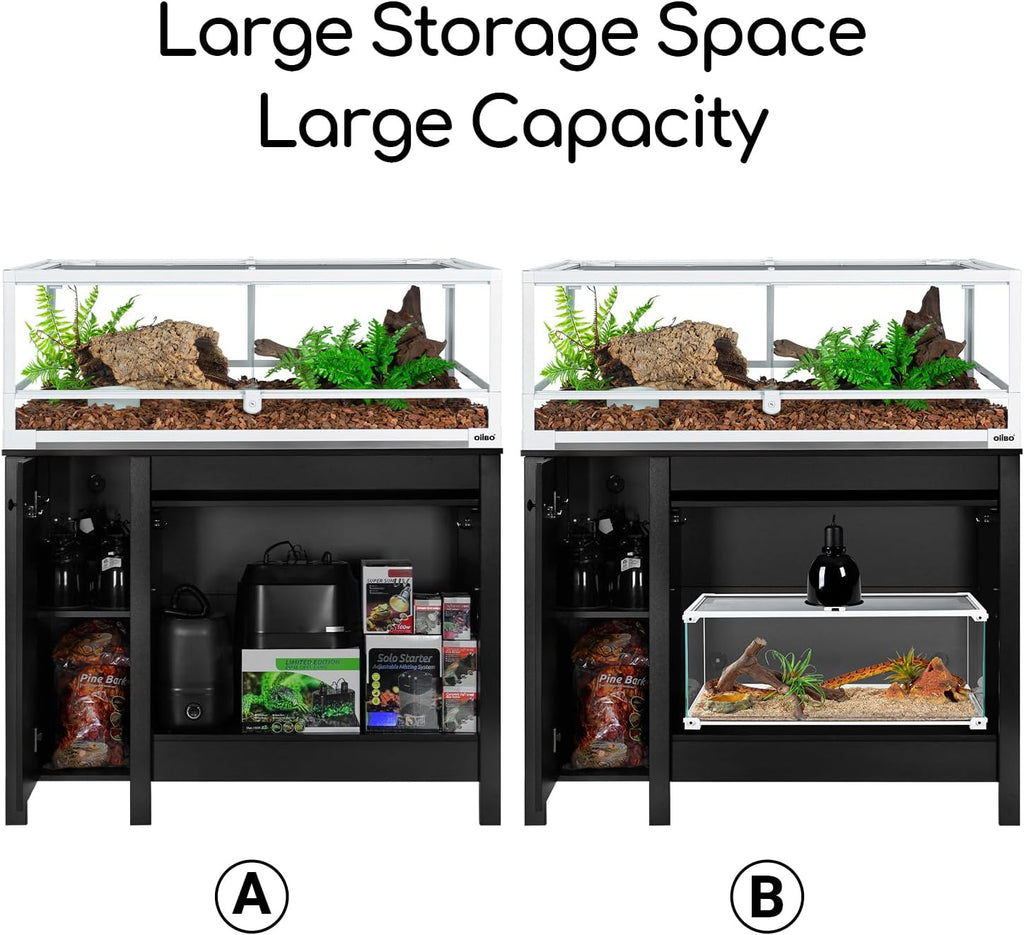 OIIBO Reptile Terrarium Stand Wooden Aquarium Stand with Cabinet for 48”Wx18”D Premium Black Reptile Terrarium Table with Retractable Flap