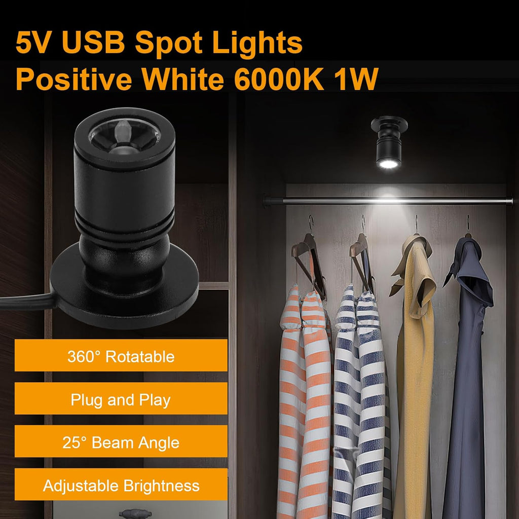 LED Mini Spot Light for Display, Small Spotlight USB, 5V Miniature Spot Lights for Closet, Artwork, Jewelry, DIY Craft and Plants, 6.6 Ft Cable 1 Watt 3 Types(4-White Light)
