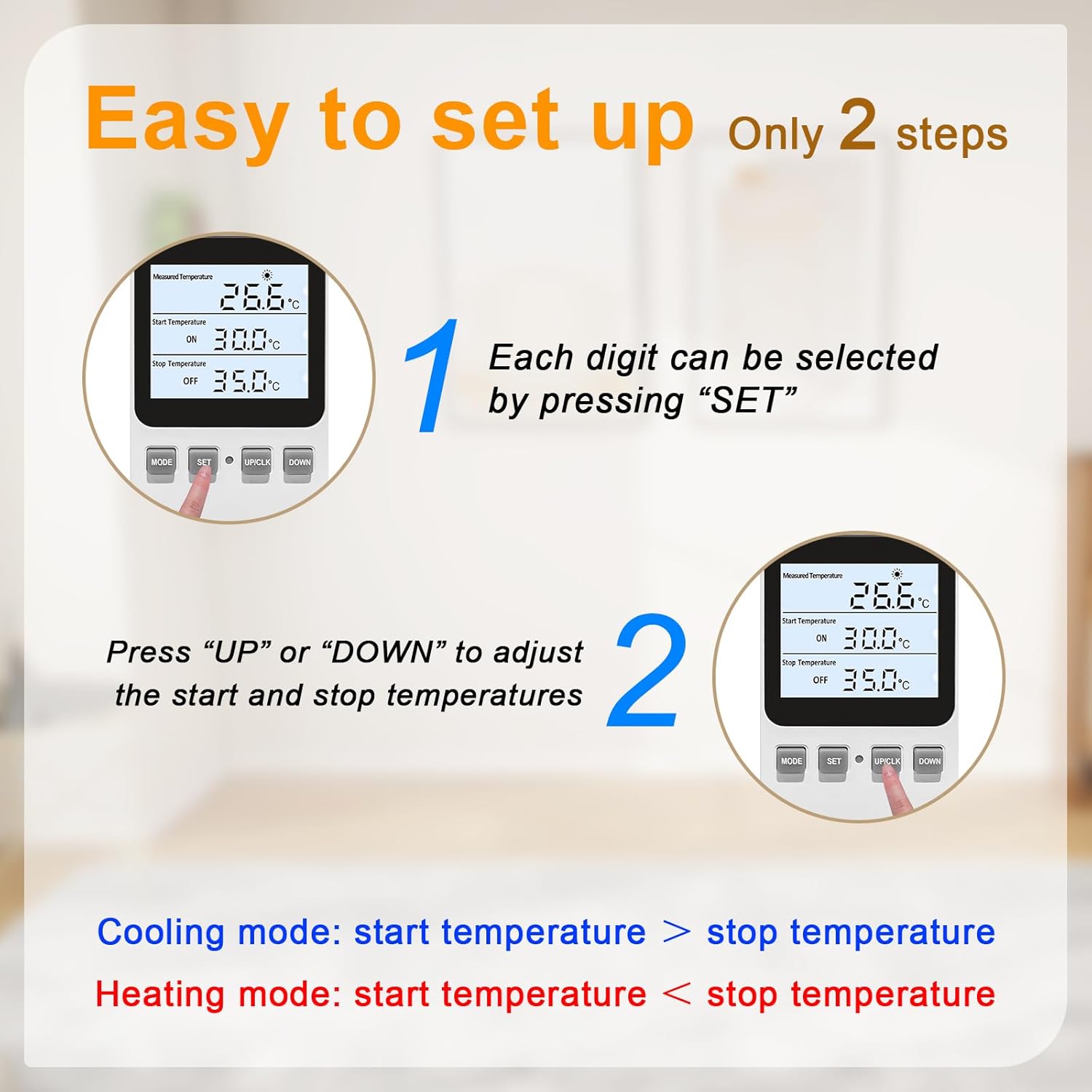 Temperature Controller Heating Cooling Mode Digital Thermostat 120V 15A Plug in Thermostat Controlled Outlet for Reptile Greenhouses Seedling Mat Incubation Terrarium