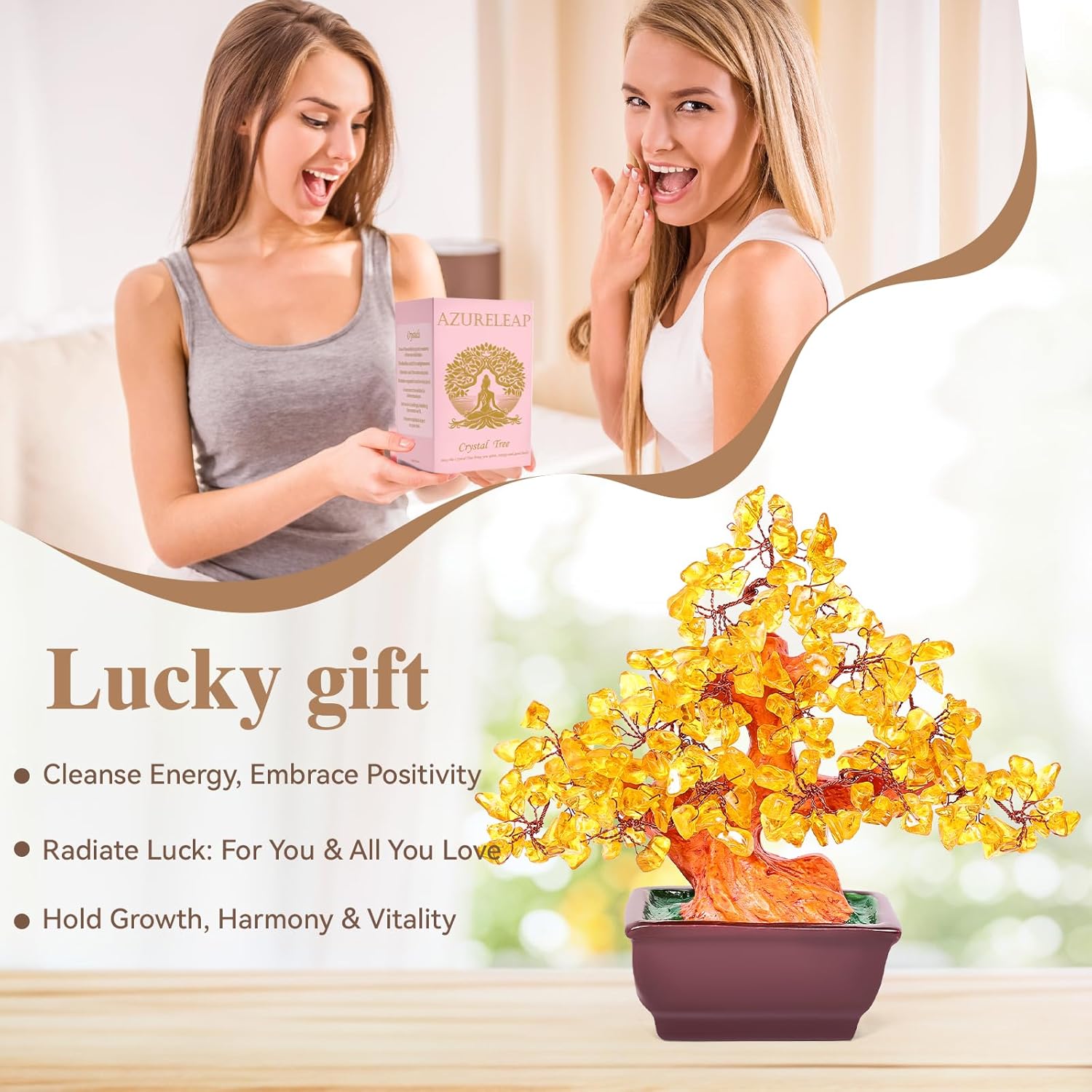 Feng Shui Quartz Crystal Money Tree Bonsai Style Decoration for Luck and Wealth (Yellow)