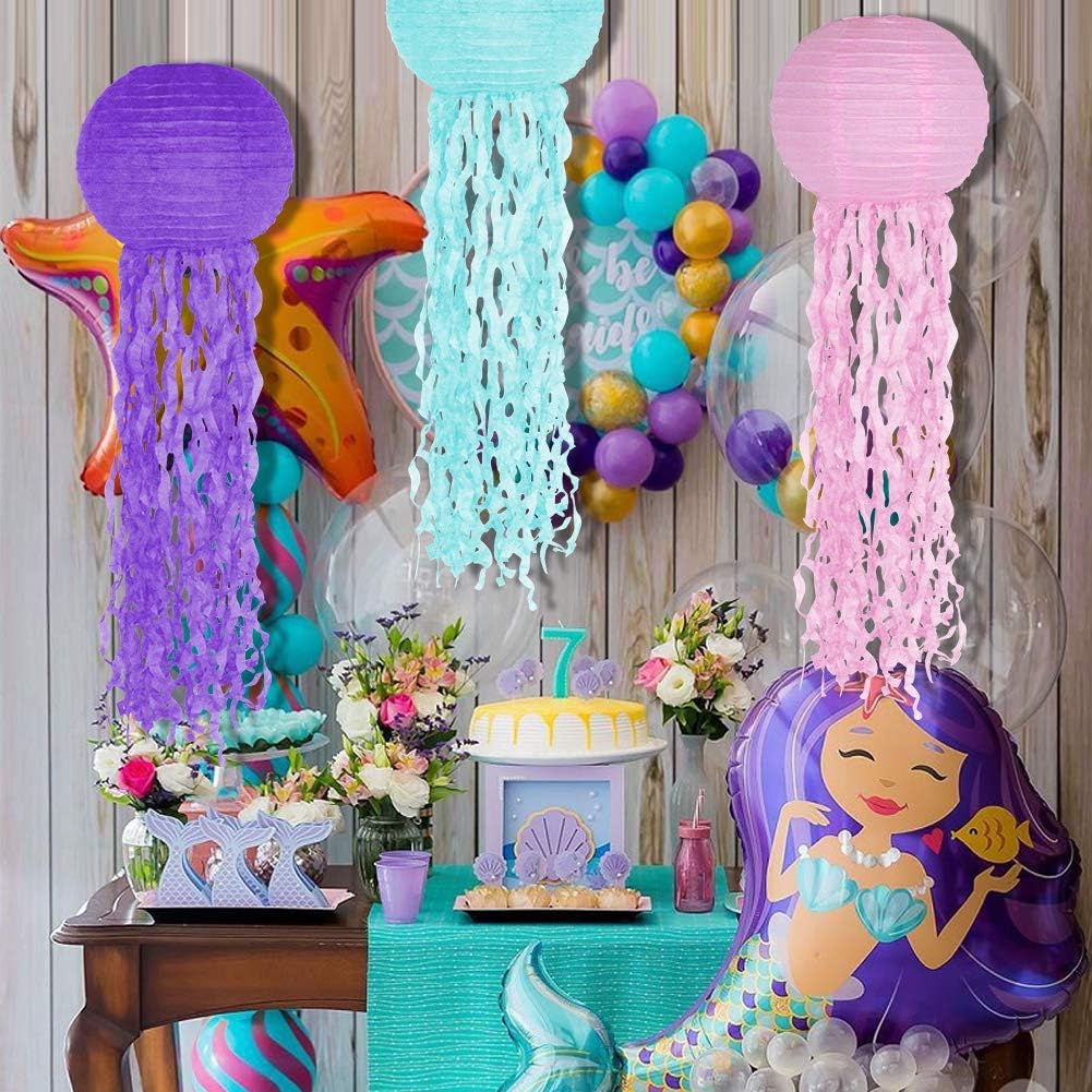 Jelly Fish Paper Lanterns, Pink Purple Blue Hanging Lantern for Mermaid Theme Under The Sea Ocean Birthday Party Decorations Set of 6
