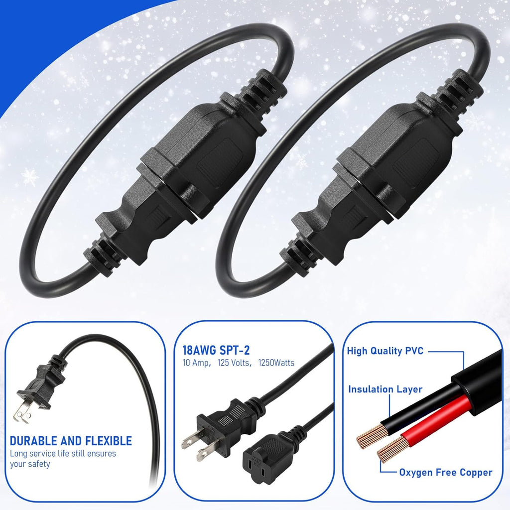 Kanayu 3pcs Black 2 Prong Extension Cords, Male and Female Power Cables, Flexible for Home, Office and Christmas Lights (1ft)
