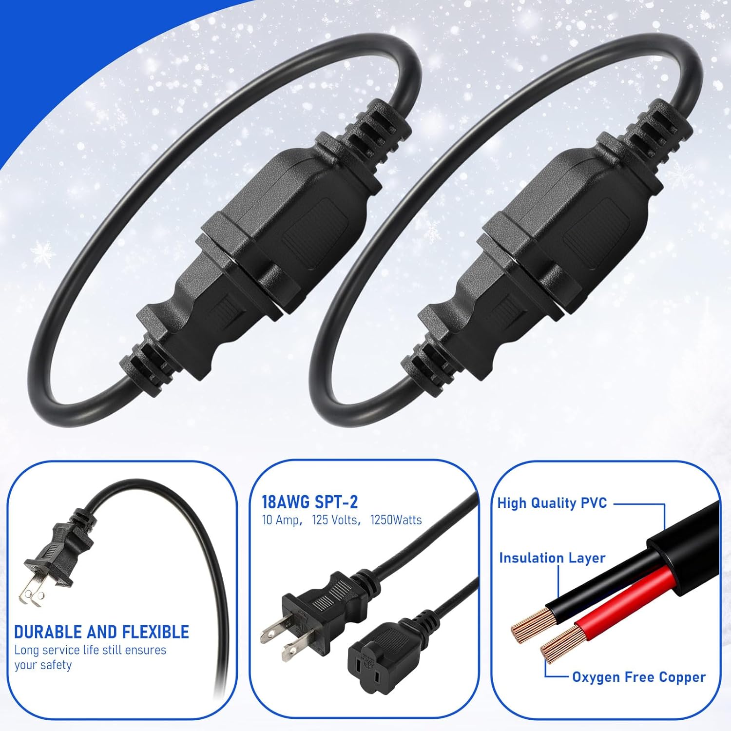 Kanayu 3pcs Black 2 Prong Extension Cords, Male and Female Power Cables, Flexible for Home, Office and Christmas Lights (1ft)