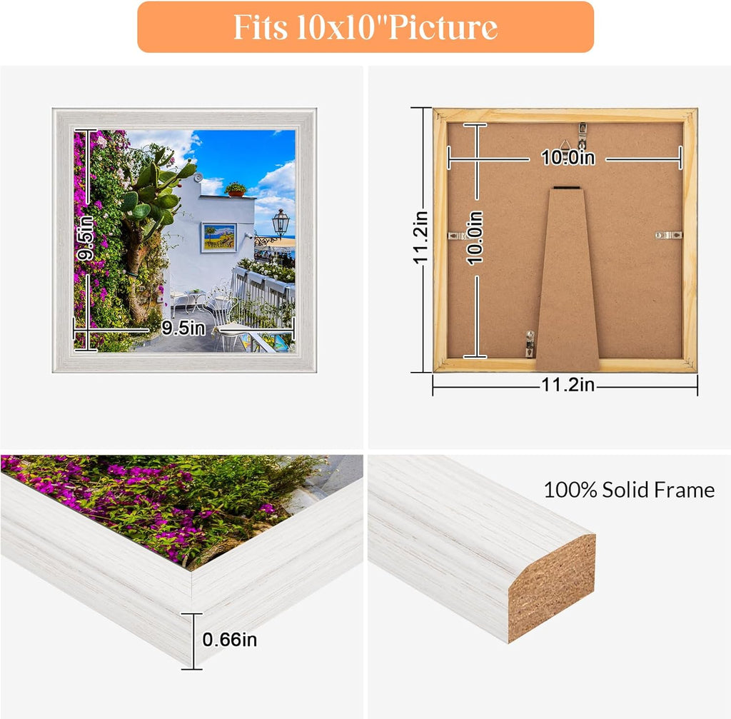 10x10 Wood Frame White, Natural Woodgrain 10x10in Picture Frame, Rustic Wooden 10 x 10 inch Gallery Photo Poster Frame with HD Plexiglass, Horizontal Vertical Wall Mounting Tabletop Display 1Pcs