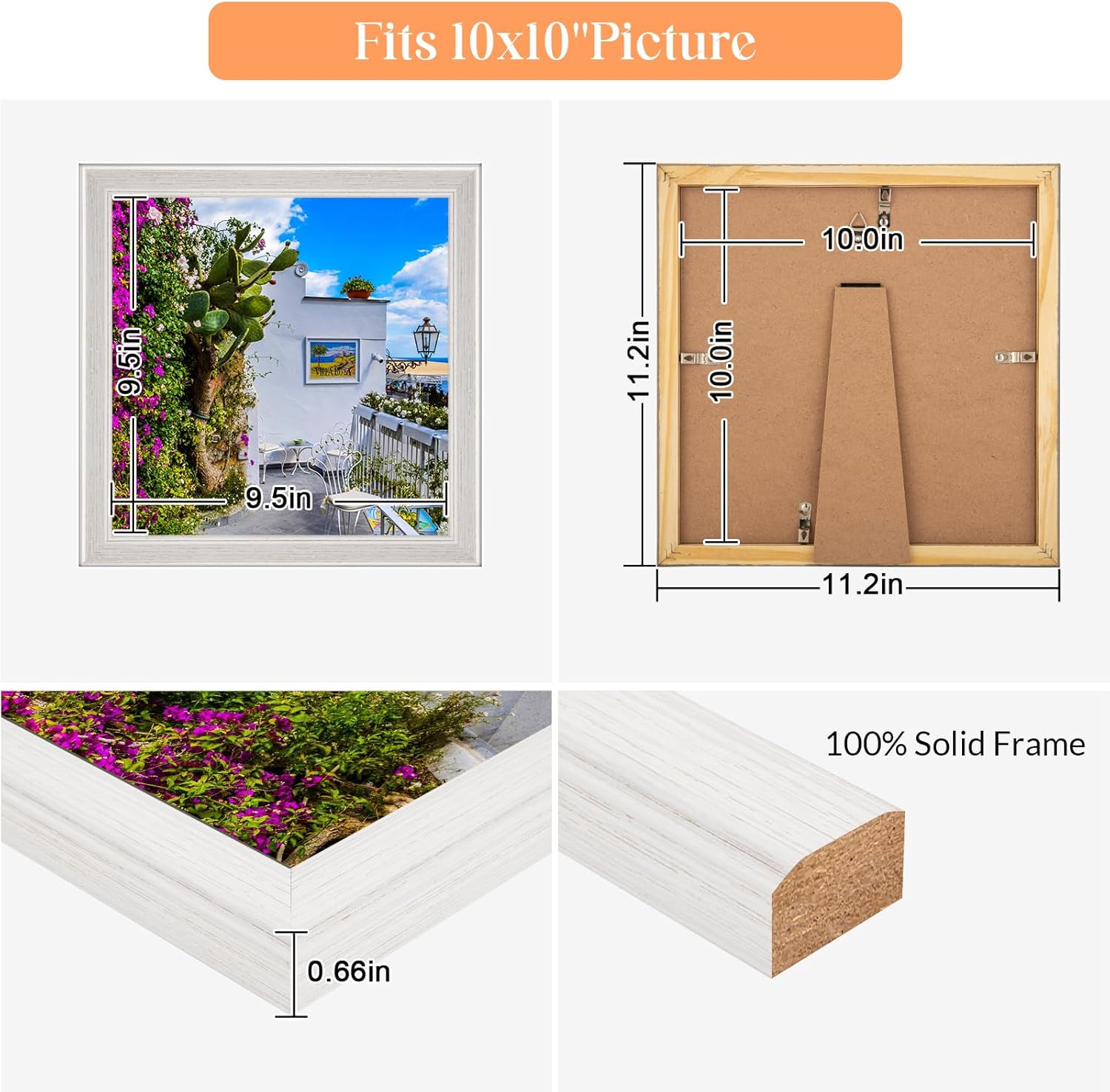 10x10 Wood Frame White, Natural Woodgrain 10x10in Picture Frame, Rustic Wooden 10 x 10 inch Gallery Photo Poster Frame with HD Plexiglass, Horizontal Vertical Wall Mounting Tabletop Display 1Pcs
