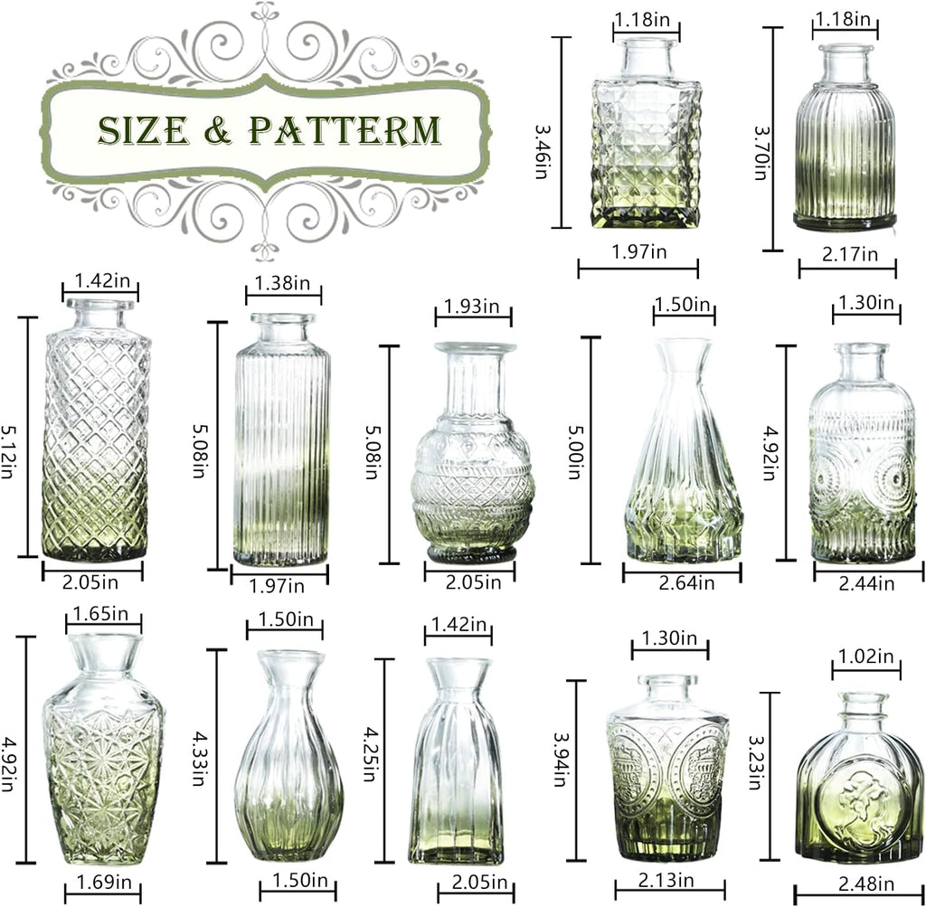 Bud Vases Set of 12,Glass Bud Vases in Bulk,Small Flower Vases for Centerpieces,Mini Vintage Vase for Wedding, Home Table Decor,Christmas,Party Decoration,Green
