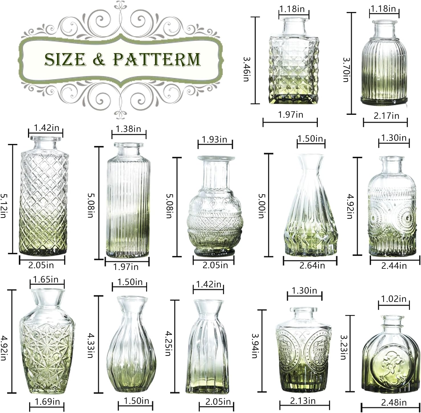 Bud Vases Set of 12,Glass Bud Vases in Bulk,Small Flower Vases for Centerpieces,Mini Vintage Vase for Wedding, Home Table Decor,Christmas,Party Decoration,Green