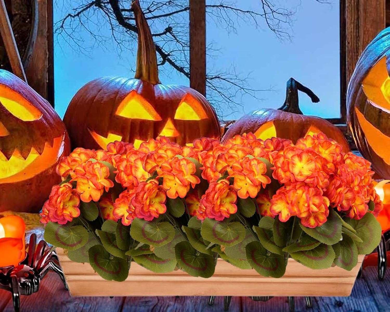 6 Bundles Silk Geraniums Artificial Flowers for Outdoors, UV Resistant Faux Plants Realistic for Garden Patio Porch Window Box Home Indoor Outdoor Decor (6, Orange-Yellow)