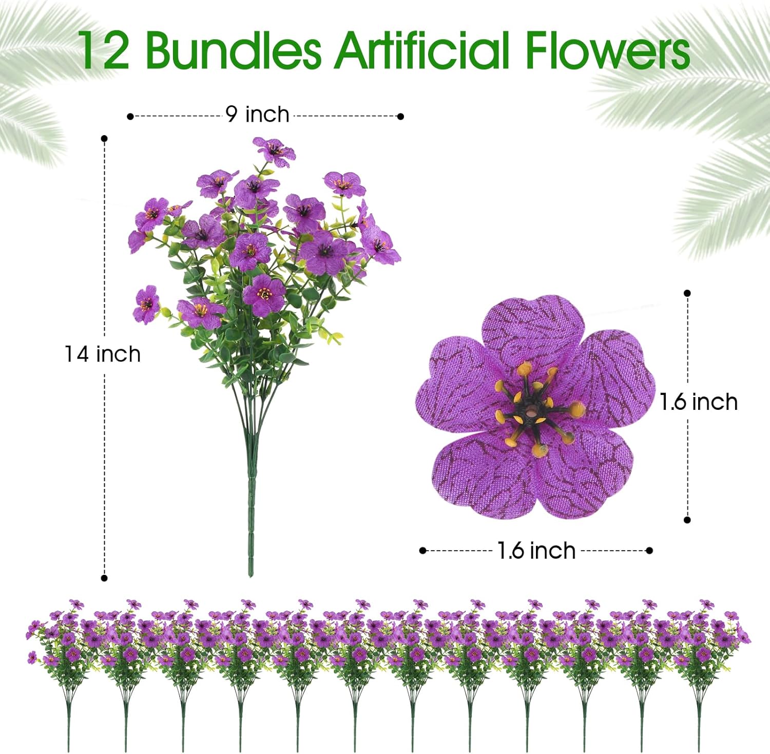 12 Bundles Artificial Faux Flowers, UV-Resistant Silk Fake Plants Spring Summer Decoration Indoor Outdoor Decor for Home, Porch, Balcony, Lawn, Yard - Spring, Summer, Fall, All Seasons(Purple)