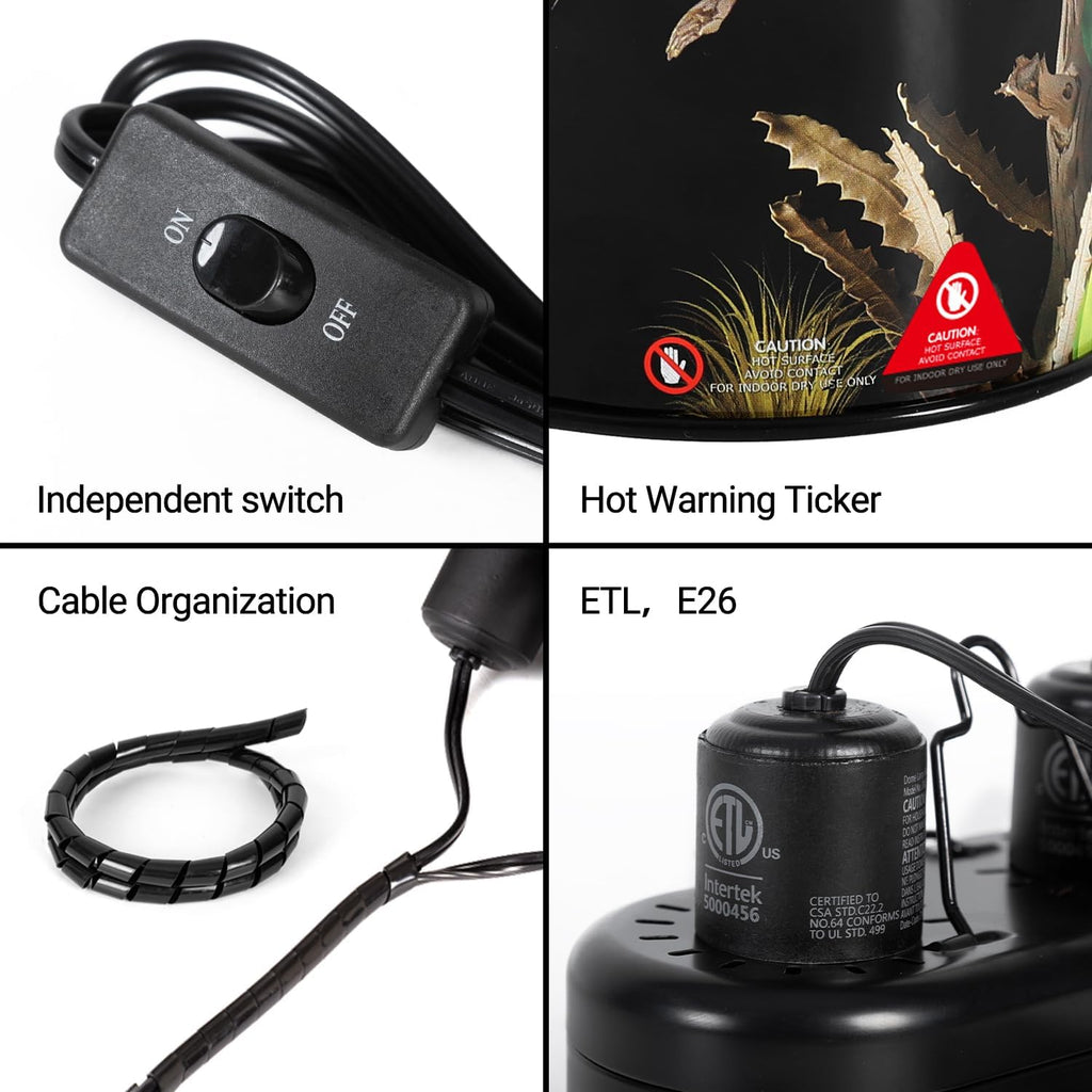 REPTI ZOO Nano Dual Dome Reptile Light Fixture and 25W Reptile Heat Lamp Combo Pack, Mini Daylight Basking Spot Heat Lamp & Nano Heat Emitter Basking Spot Lamp