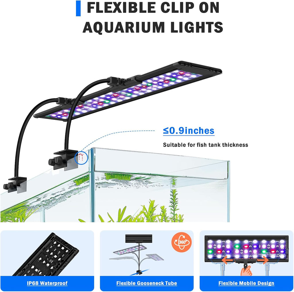 AQQA LED Aquarium Light, 24/7 Mode Clip on Fish Tank Light with Memory Function, DIY Mode Full Spectrum Aquarium Plant Light, Adjustable Timer/Brightness, IP68 Waterproof for 48-55 Inch Fish Tank 45W