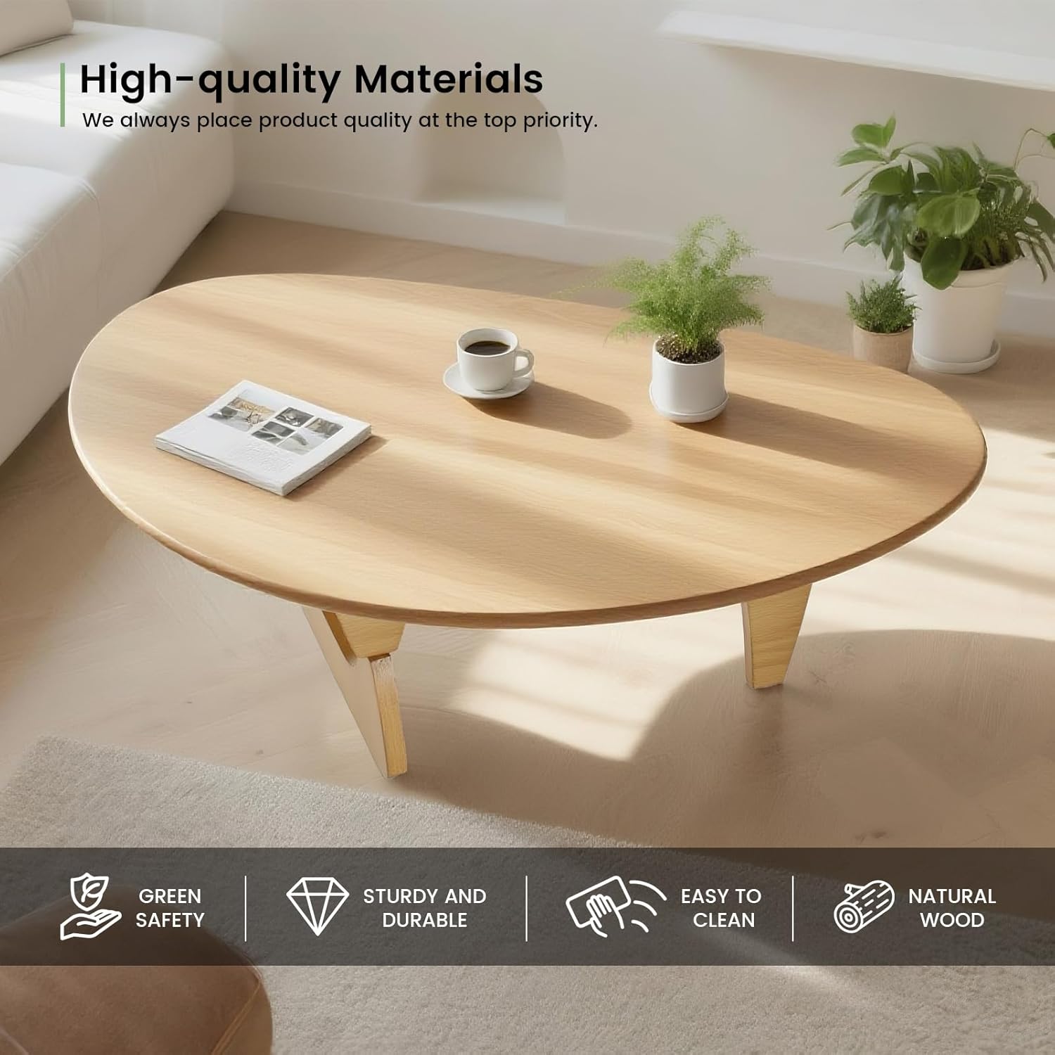 Solid Wooden Modern Triangle Coffee Table: Unique Funky Coffee Tables for Living Room, Oval Mid-Century Irregular Abstract Tea Tables for Patio Office Balcony Bedroom (Natural, 43" L x 31" W x 16" H)