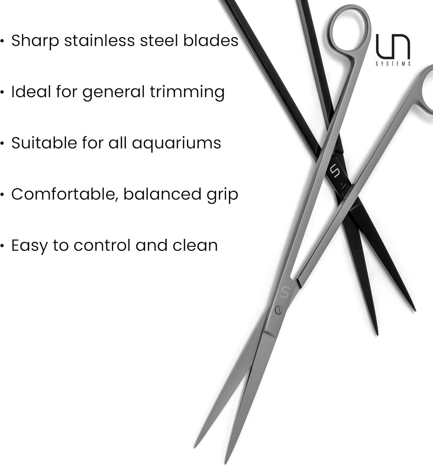 UNS Aquascaping Tools - Stainless Steel, Rust Resistant, Freshwater Planted Tank, Saltwater Reef Aquarium Maintenance Accessory - Trimming Stems & Carpets, Coral Cutting - Straight Scissors, Black