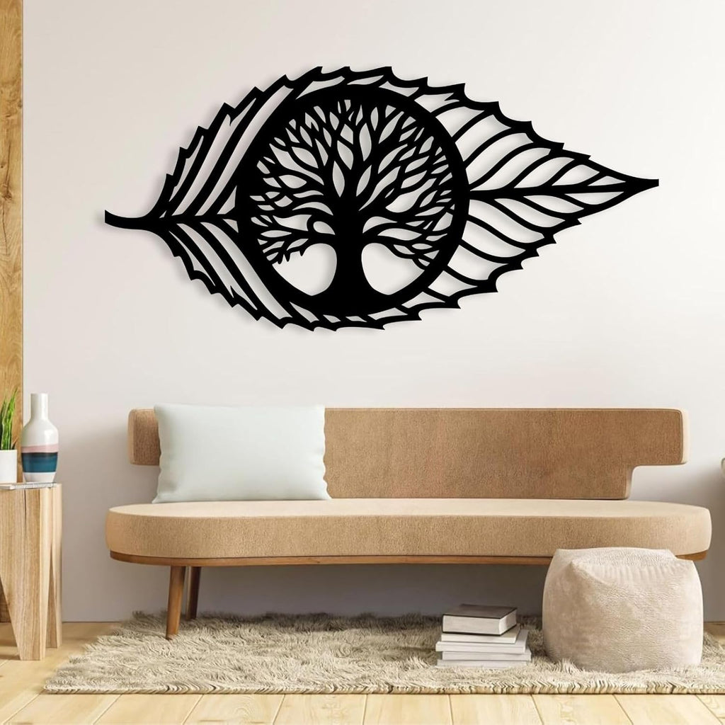 Hotuijxca Metal Leaf Wall Decor, Tree of Life Wall Art, Metal Leaf and Tree Wall Art for Living Room, Bedroom (Black, 53x25in|135x65cm, metal wall art)