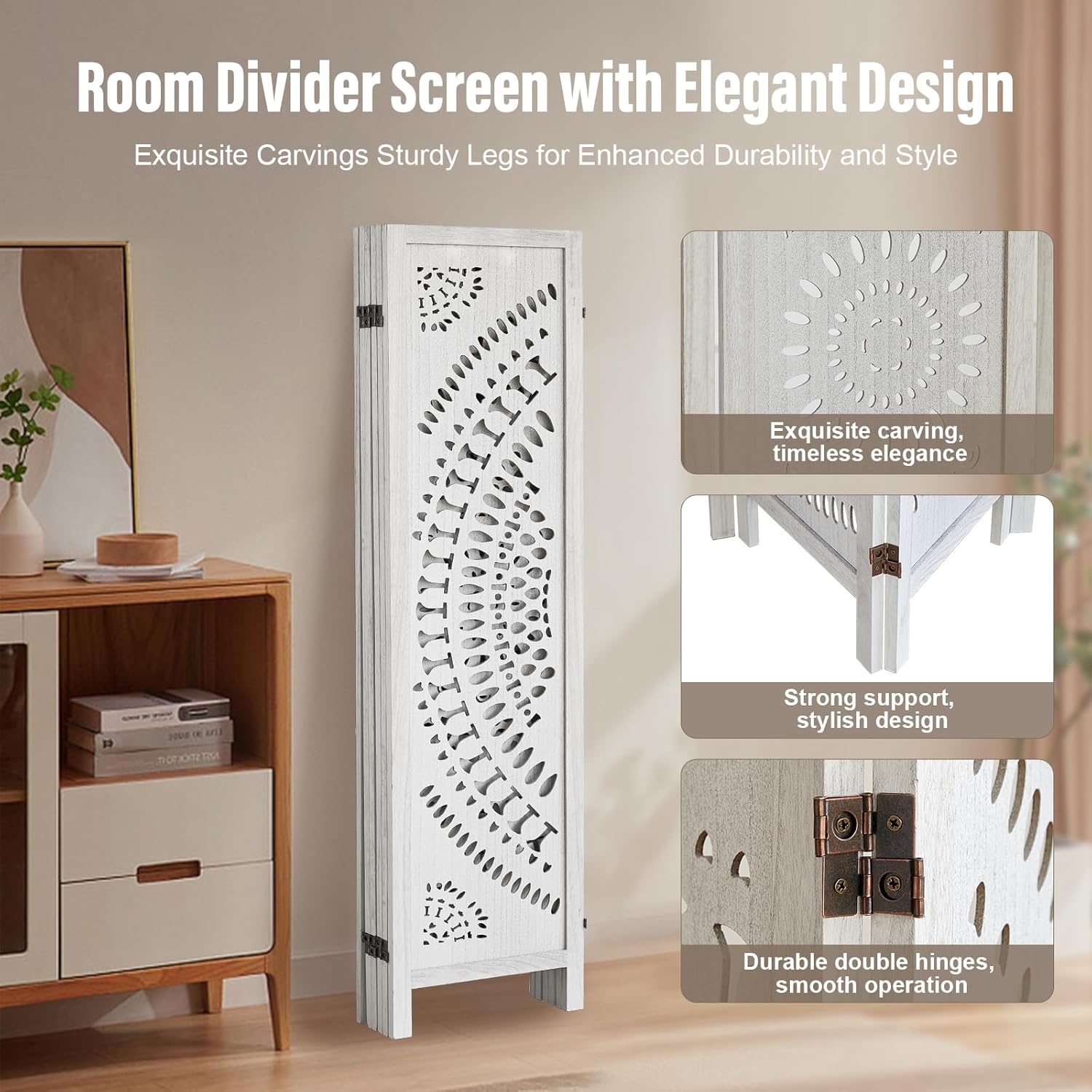 6 Panel Wood Room Divider Fully Assembled, Decorative Room Dividers and Folding Screens, 5.6Ft Room Divider Screen Freestanding Partition Wall Dividers for Home Bedroom Office, White