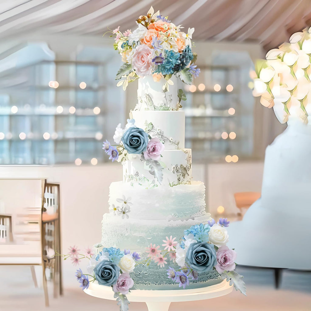 Artificial Flowers Combo for DIY Wedding Bouquets Combo Centerpieces Arrangements Party Bridal Baby Shower Home Decorations-Blue&White