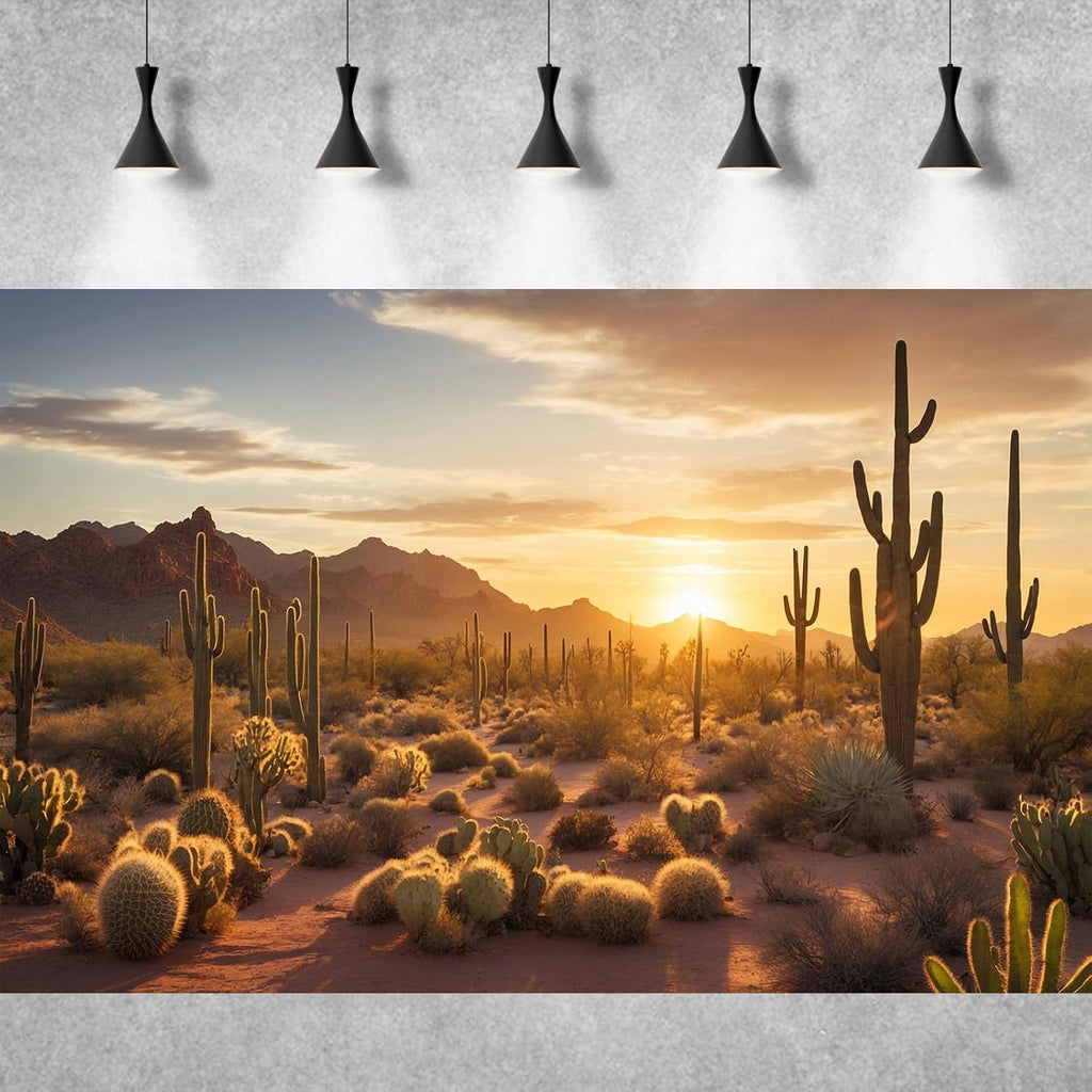 Sunset Desert Reptile Habitat Background Silhouette of Saguaro Cactus Arid Mountain Range Terrarium Background Cacti Sand with Dunes Aquarium Background Desert Mountain Fish Tank Background 24x16in