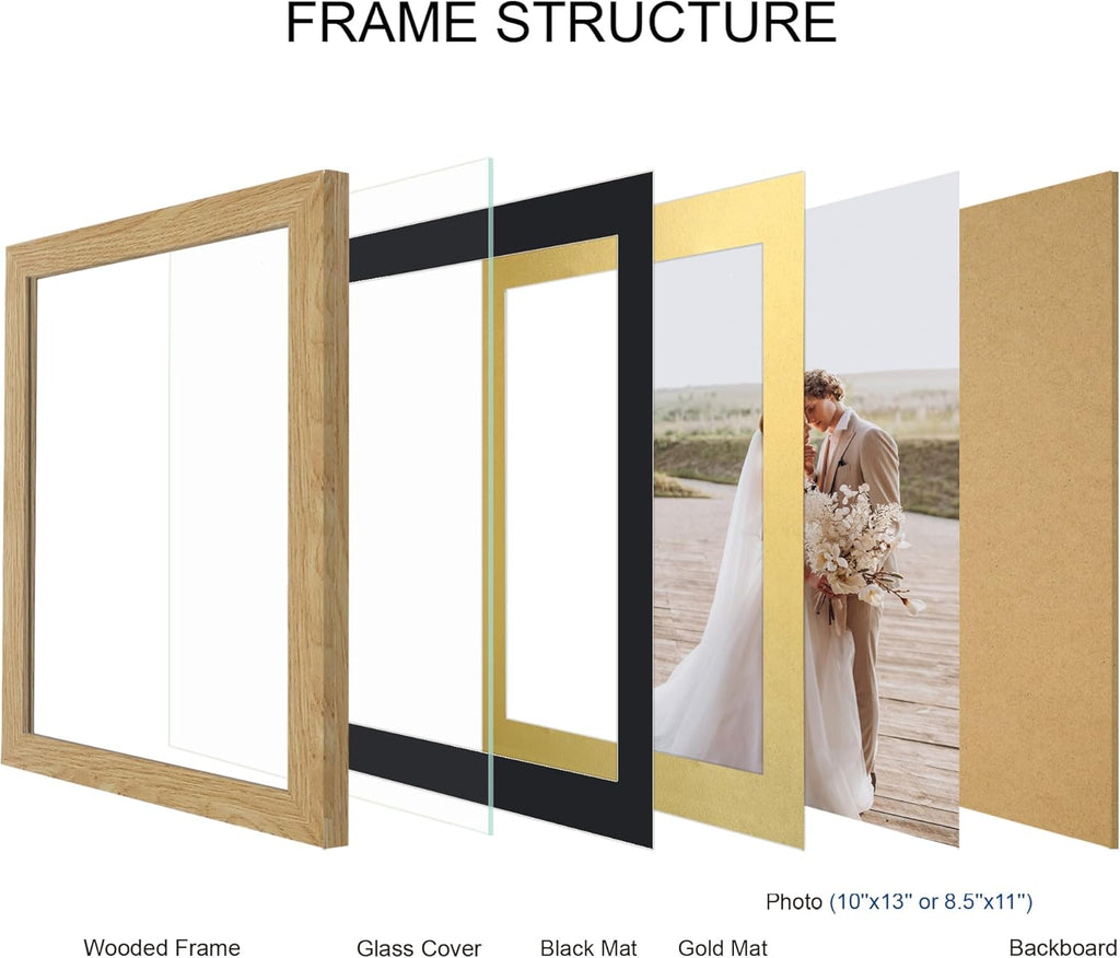 10x13 Picture Frame Set of 4, Made of Real Glass and Natural Oak Frame, 10 by 13 Photo for Wall or Tabletop - Display Picture 8.5x10 with Mat or 10x13 Without Mat