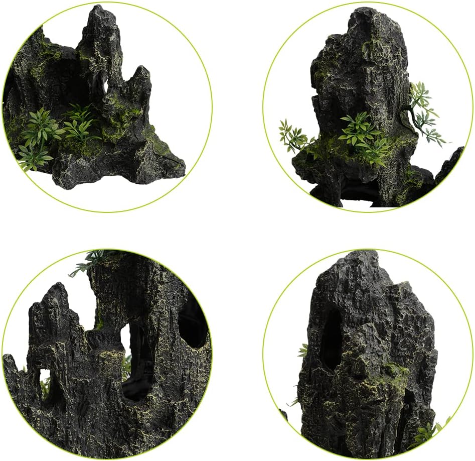 AnRui Large and Tall Aquarium Mountain View Stone Decorations Resin Betta Rock Aquascaping Hiding Cave Ornaments Fish Tank Accessories Decorations with Small Plants