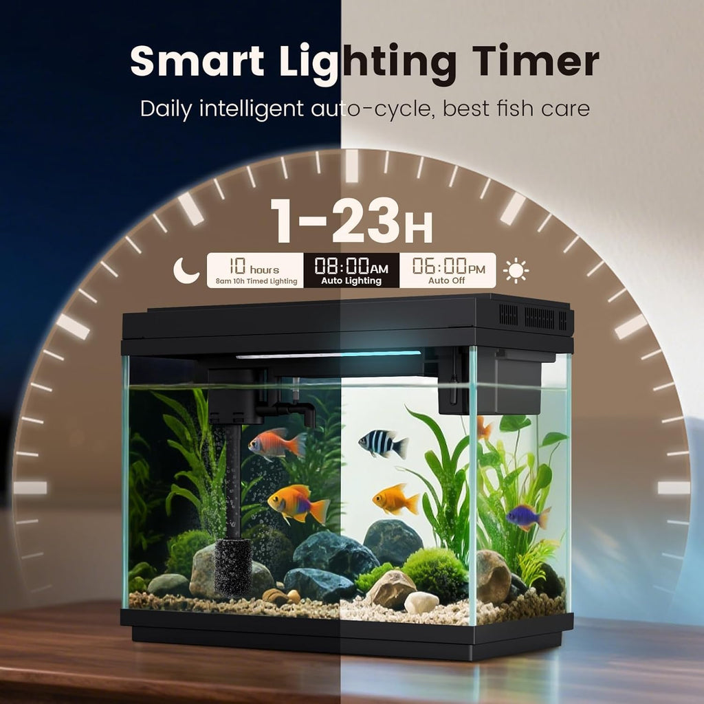 Fishkeeper 2.3G Smart Aquarium - Ultra Clear Glass Fish Tank w/Auto Timer 8-Color RGB Lights, 4-in-1 Self-Cleaning Silent Water Pump, Aromatherapy, Temperature Display, Perfect for Desktop Decor