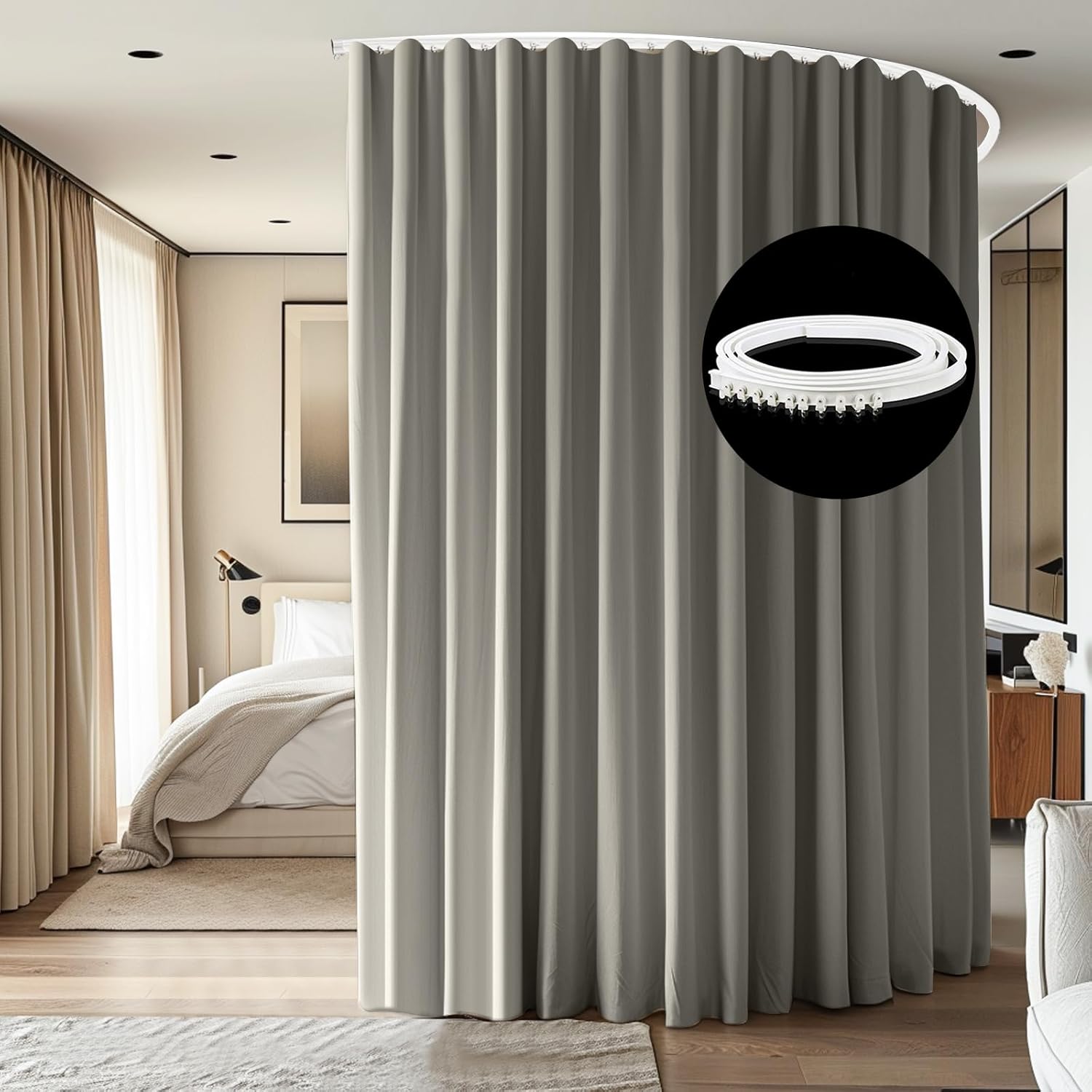 Room Divider Ceiling Mounted Curtains Track Sets Extra Wide Blackout Curtain Flexible Tracks for Bedroom Privacy Partition Separator, 1 Panel Light Grey Drape and White Rail, W10 x H7ft