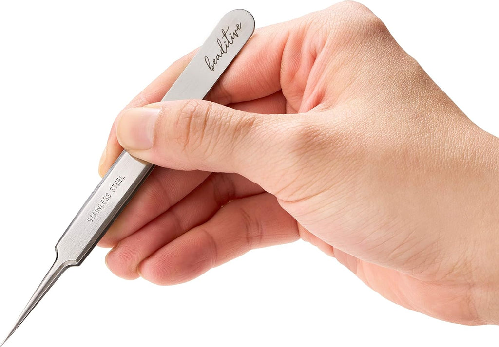 Beaditive High Precision Needle Nose Tweezers - 4.7" Craft Tweezers for Sewing, Beading, Quilling & DIY Crafts - Non-Serrated Jewelry Tweezers with Fine Tips - Stainless Steel