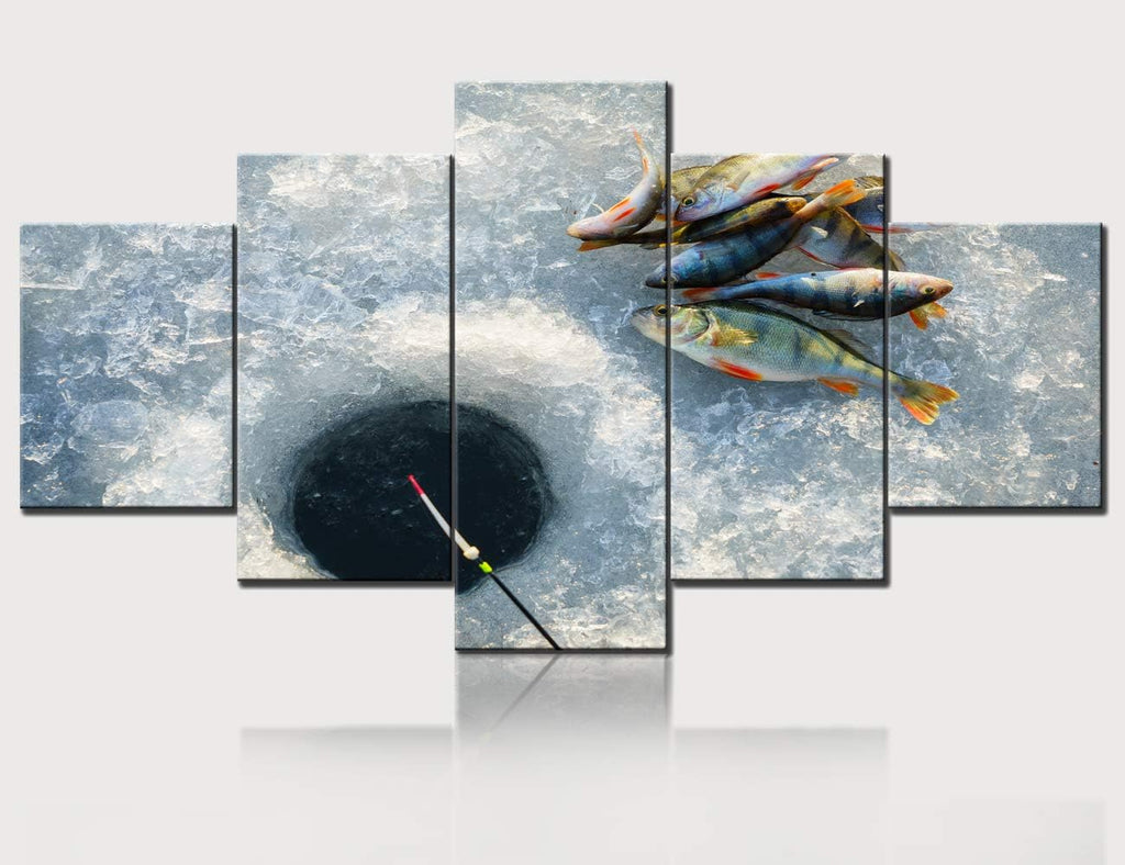 Contemporary Wall Art Ice Fishing Pictures Fish Tackle Paintings Multi Panel Prints on Canvas White Artwork Living Room House Decorations Framed Gallery-Wrapped Ready to Hang(60''W x 32''H)