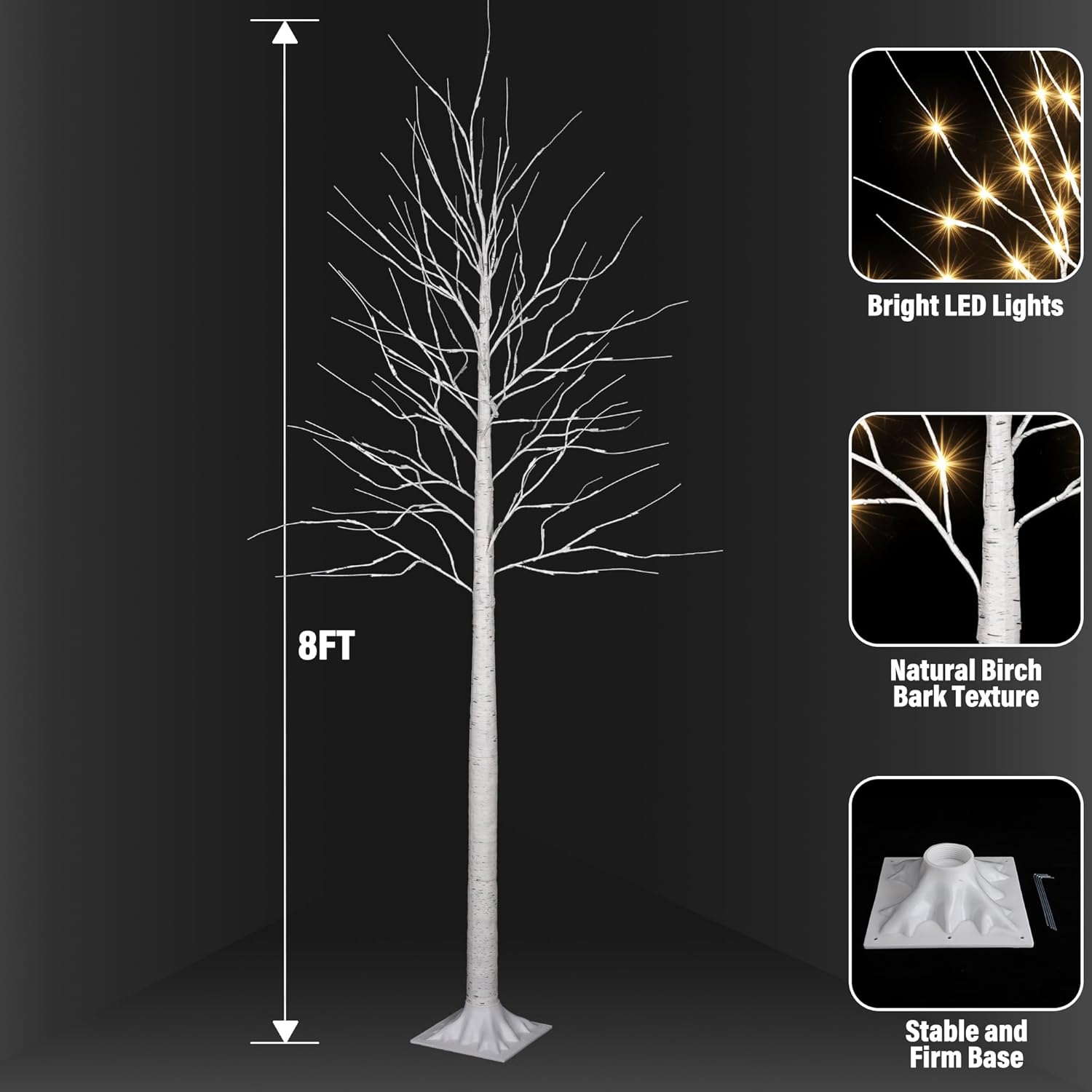 iBaycon 8FT Christmas Birch Tree Lights, Lighted Birch Tree LED Artificial Trees with 8 Modes Timer, Prelit Light Up Trees for Indoor and Outdoor Party Holiday Christmas Decorations
