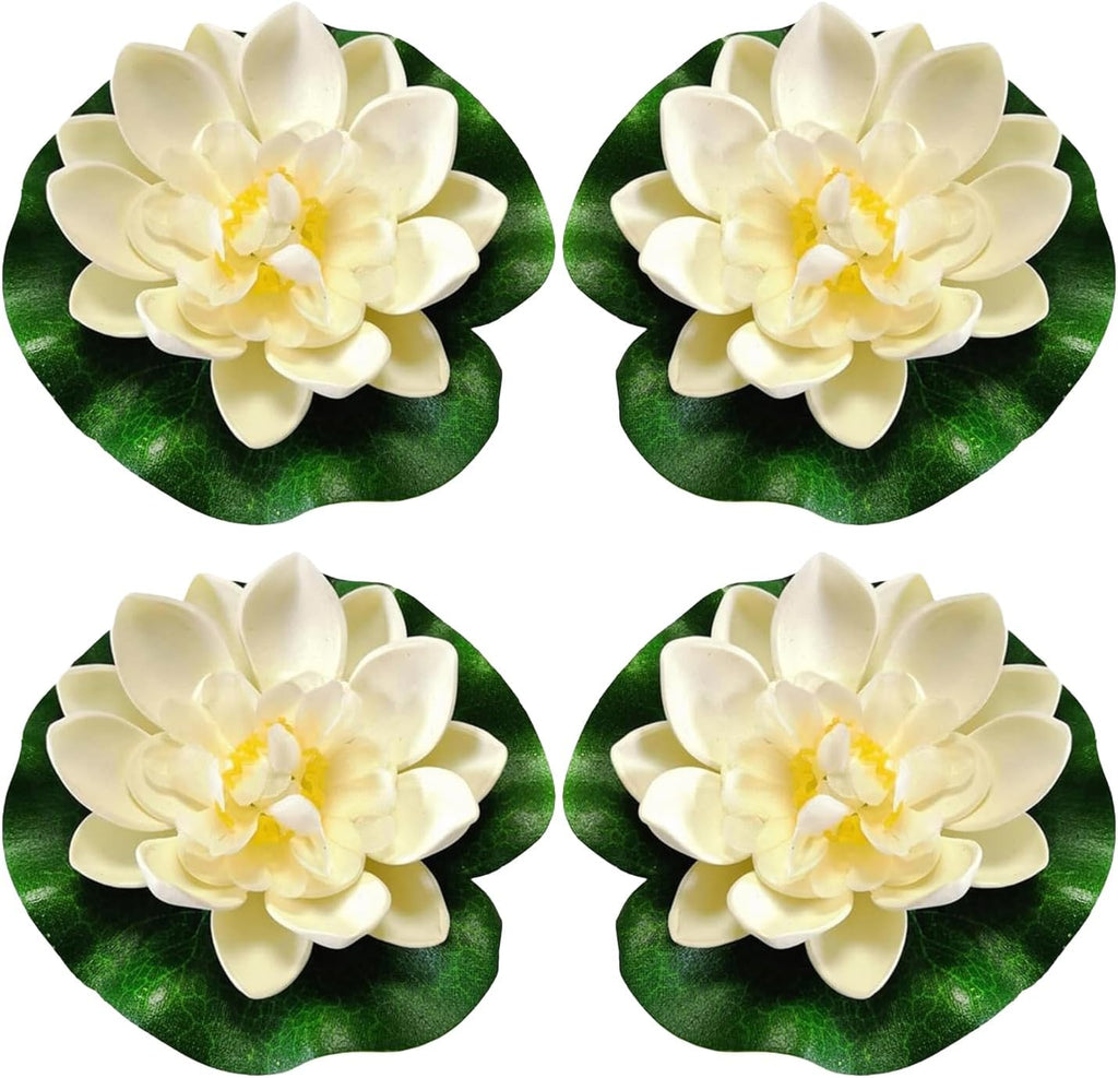 4 Pcs Off White Artificial Floating Foam Lotus Flower with Water Lilys Pad Ornanments, Fish Tank Aquarium Lifelikes Fake Lotus Flowers for Patio Pond Home Garden Wedding Party Event Decoration(3.94")