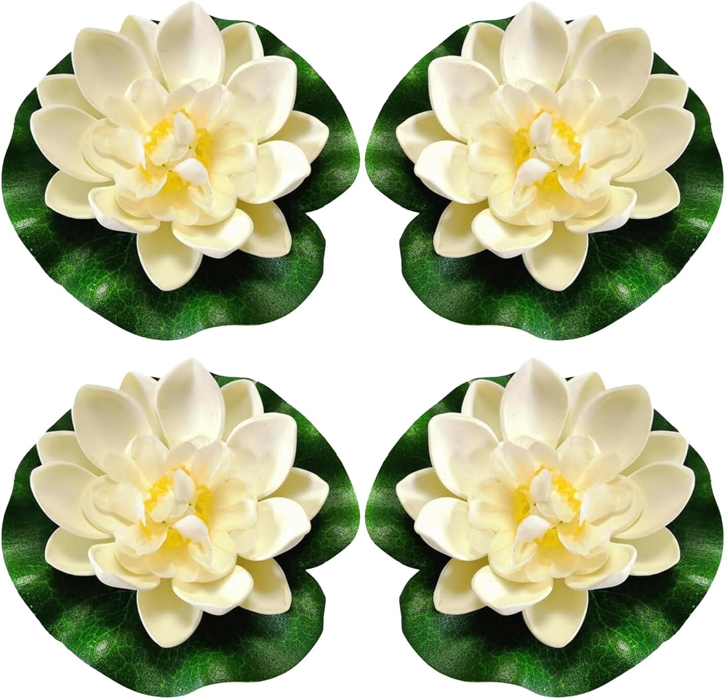4 Pcs Off White Artificial Floating Foam Lotus Flower with Water Lilys Pad Ornanments, Fish Tank Aquarium Lifelikes Fake Lotus Flowers for Patio Pond Home Garden Wedding Party Event Decoration(3.94")