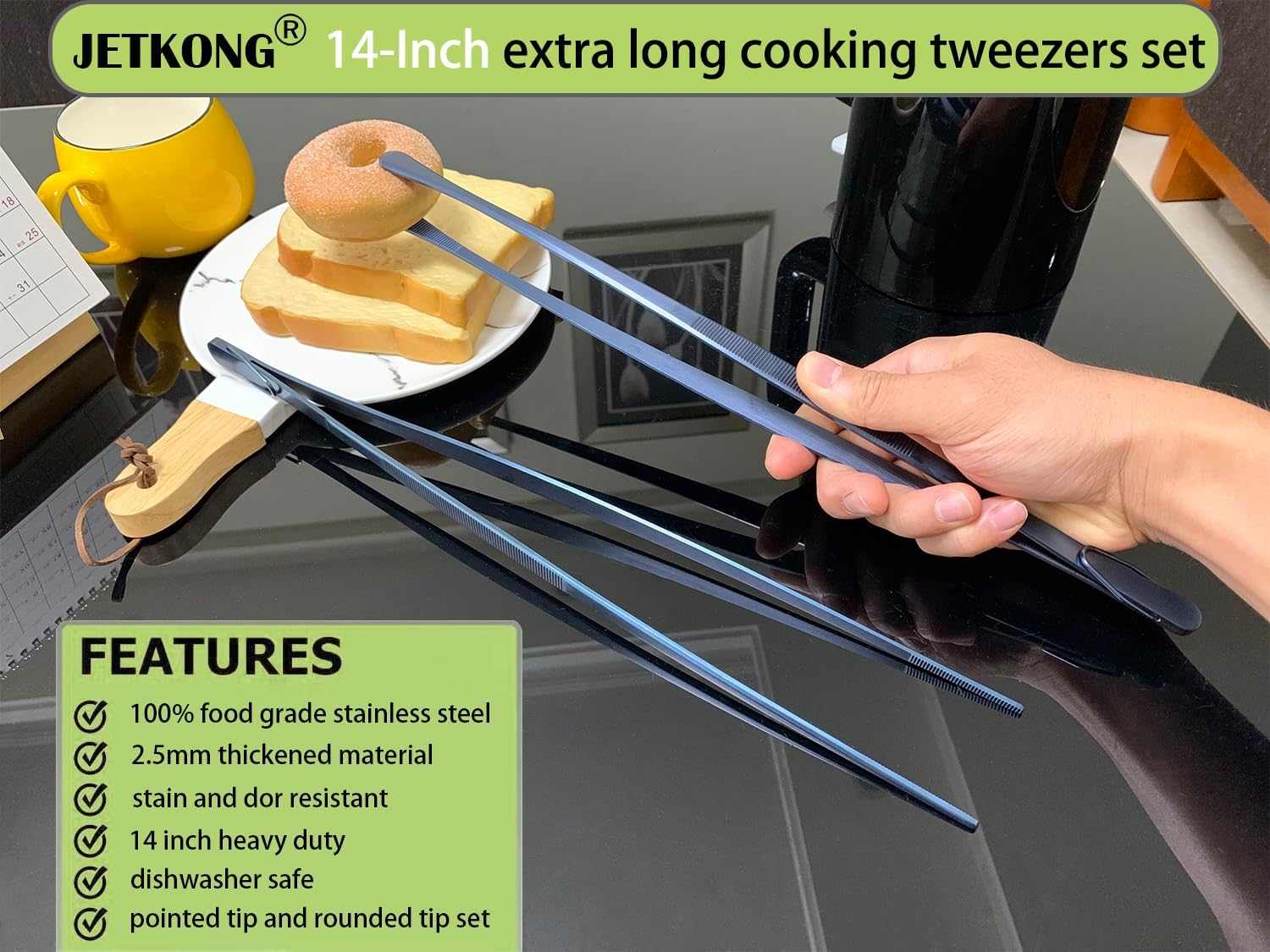 JETKONG 2 Pcs 14-Inch Cooking Tweezer Tongs Extra- Long Stainless Steel Kitchen Tweezers Plating Tongs (Navy Blue)