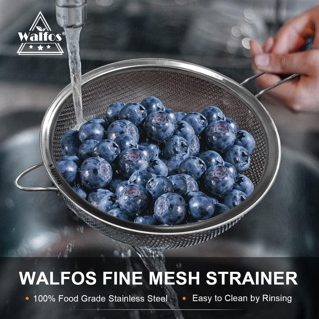 Walfos Fine Mesh Strainer and Fat Skimmer Spoon Set, Multipurpose Metal Strainers for Kitchen, Rice, Quinoa, Food, 304 Stainless Steel Fat Skimmer For Cooking, Fat, Grease, Floating Foam, 5 Pack