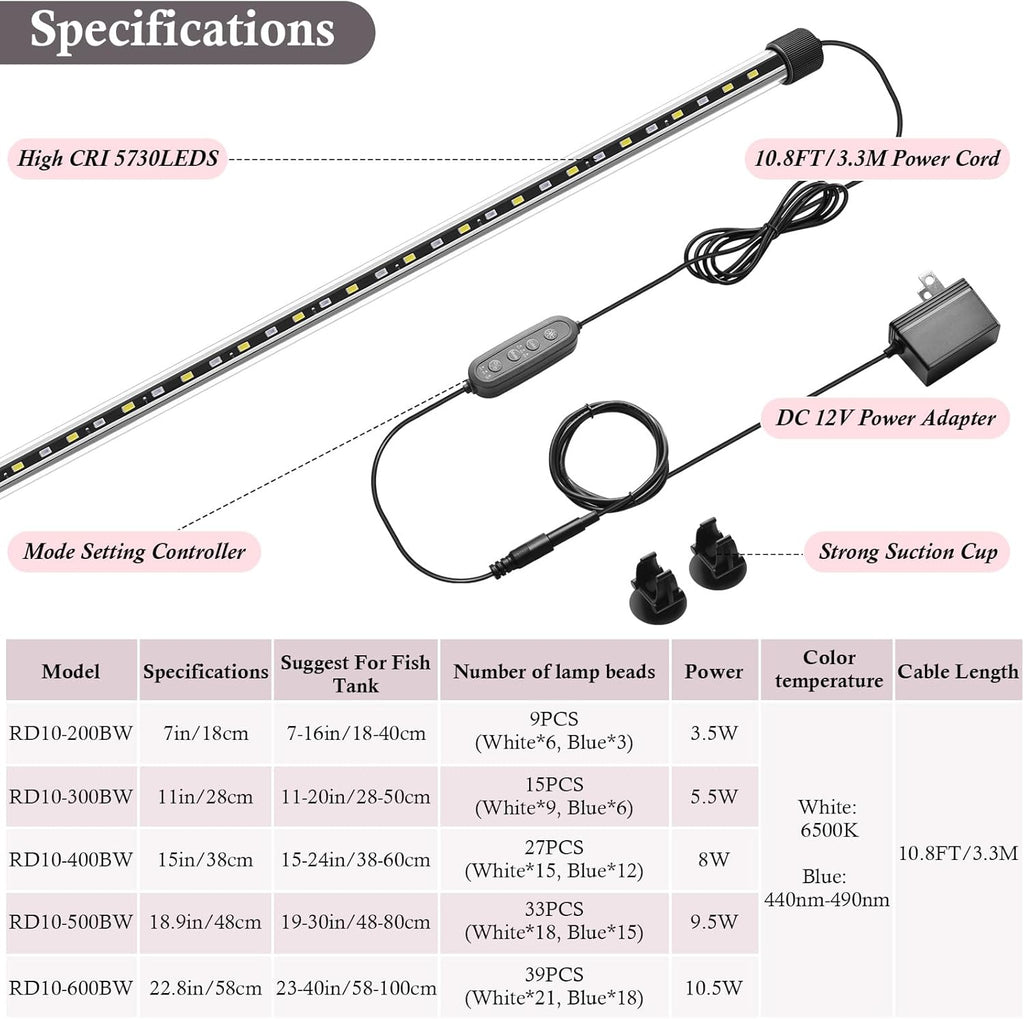 Dirvin 22.8" 24/7 Mode Submersible Aquarium LED Light, 39 LED Beads 3 Colors 3 Modes Fish Tank Light with Timer Brightness Adjustable, Sunrise-Daylight-Moonlight Simulation for 23"-40" Aquarium, 10.5W