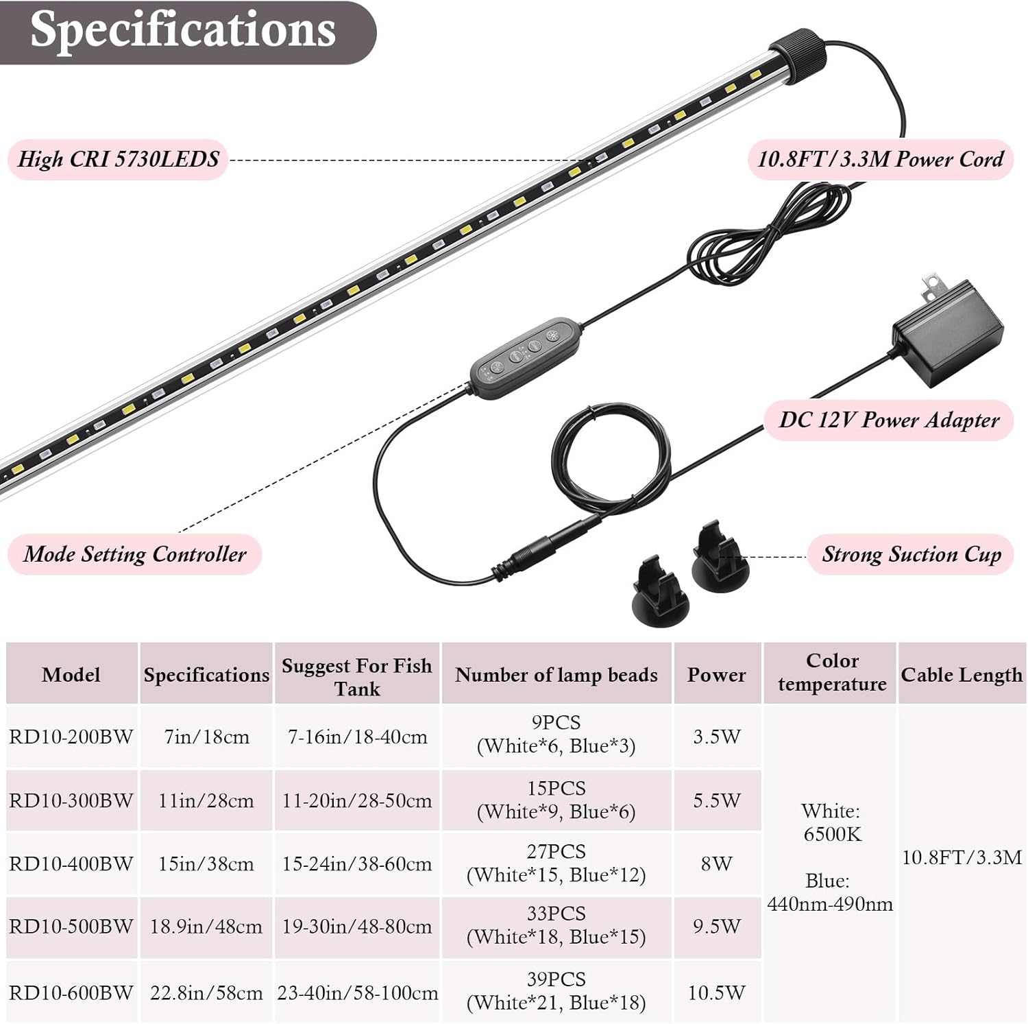 Dirvin 18.9inches 24/7 Mode Submersible Aquarium LED Light, 33 LED Beads 3 Colors Fish Tank Light with Timer Brightness Adjustable, Sunrise-Daylight-Moonlight Simulation for 19"-30" Fish Tank, 9.5W