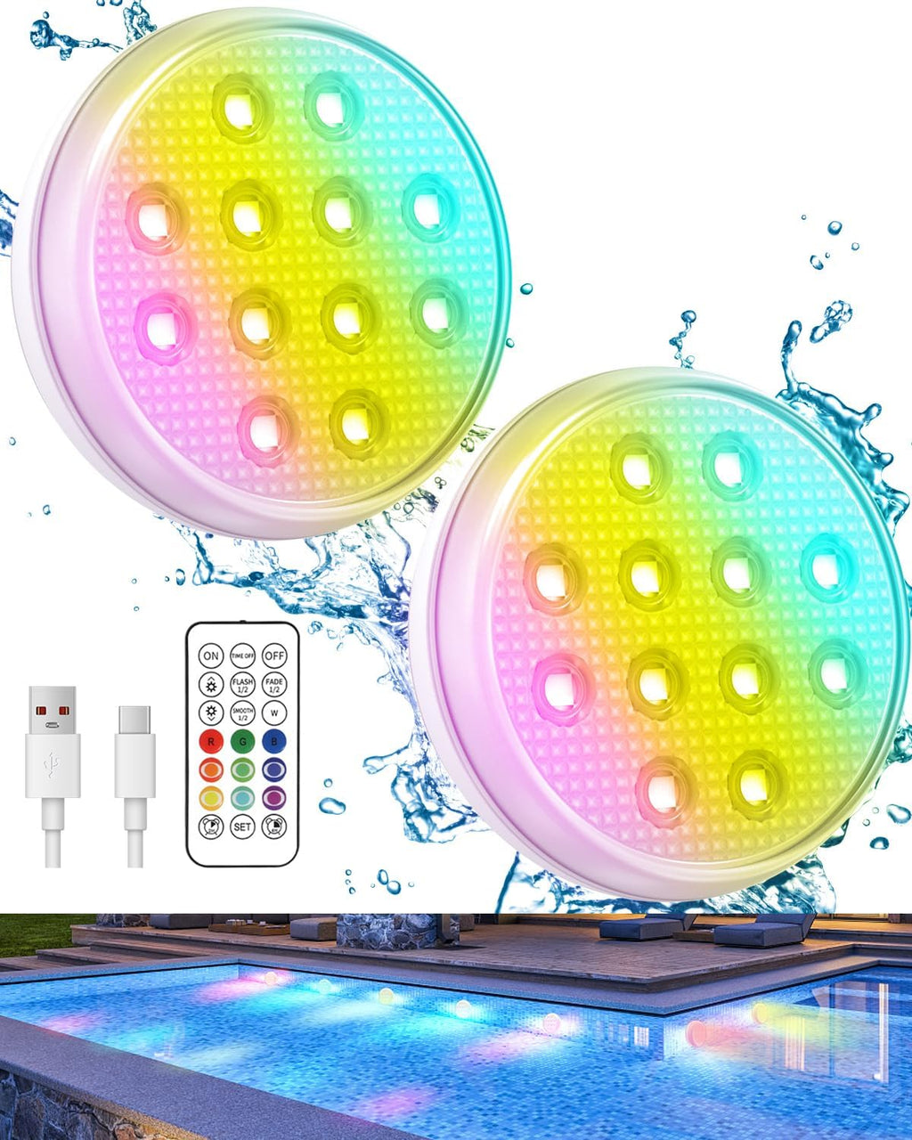 Pool Lights, 2024 Upgraded Rechargeable Submersible LED Lights with Remote, 16 Colors IP68 Waterproof Underwater Light for Inground Pool Above Ground, Aquarium, Hot Tub