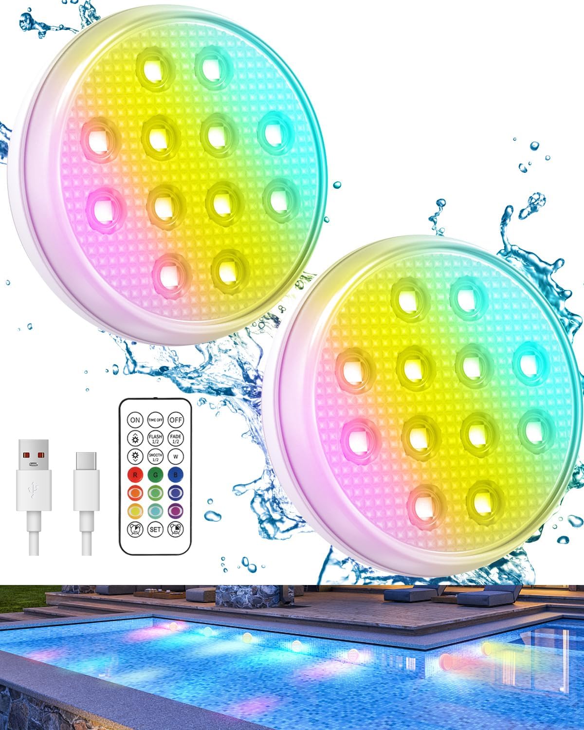 Pool Lights, 2024 Upgraded Rechargeable Submersible LED Lights with Remote, 16 Colors IP68 Waterproof Underwater Light for Inground Pool Above Ground, Aquarium, Hot Tub