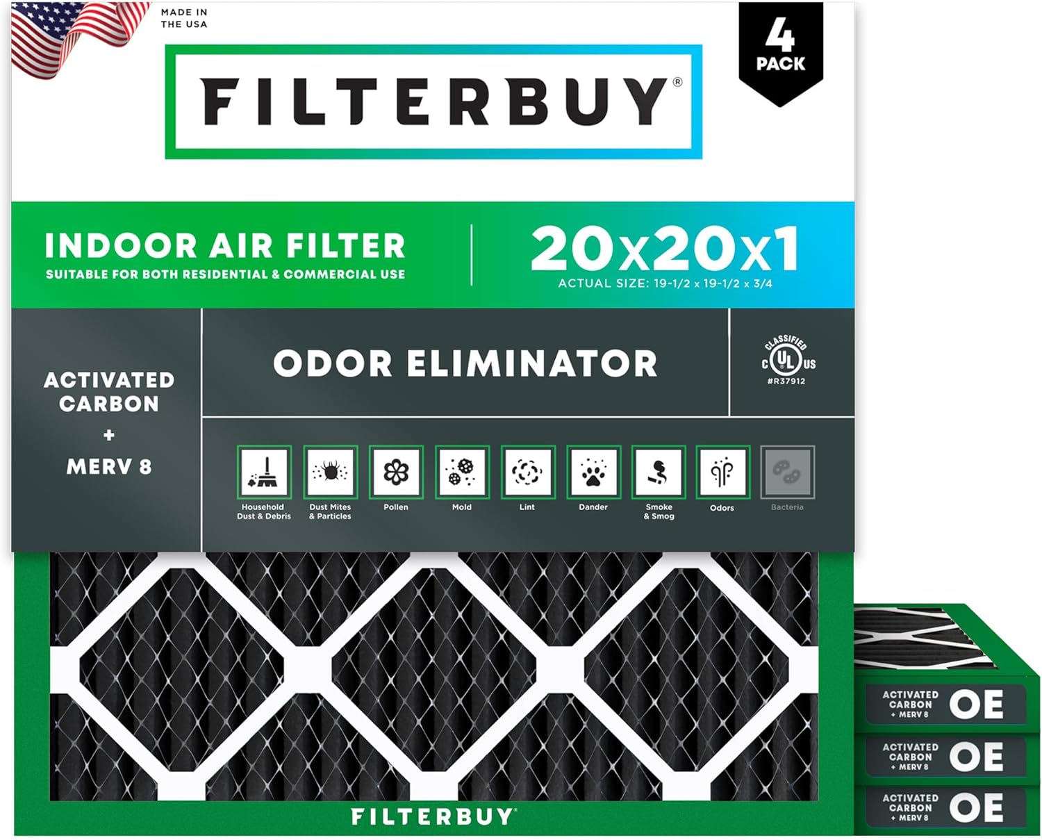 Filterbuy 20x20x1 Air Filter MERV 8 Odor & Allergy Defense with Activated Carbon (4-Pack), Electrostatic Pleated HVAC AC Furnace Filters Replacement, Made in USA (Actual Size: 19.50 x 19.50 x 0.75)