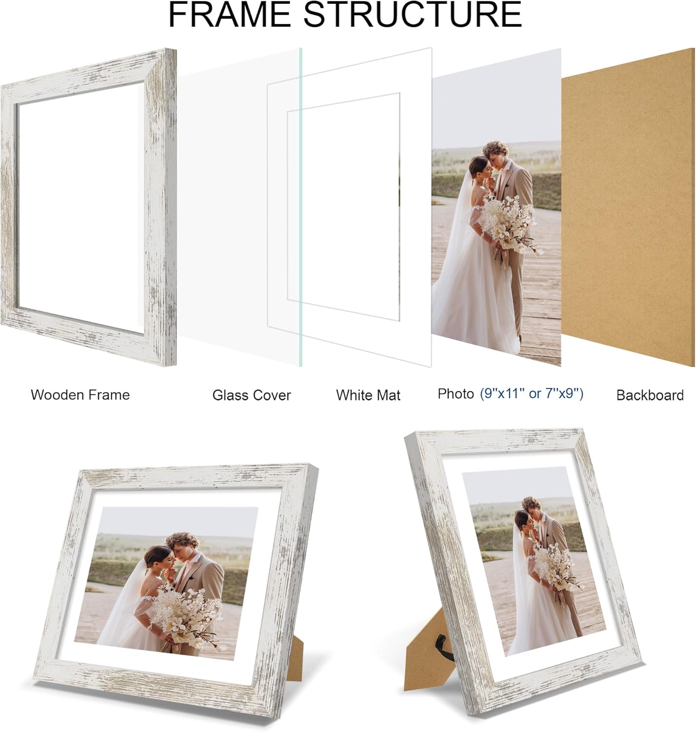 9x11 Picture Frame Set of 4, Made of Real Glass and Distressed White Frame - Display Picture 7x9 with Mat or 9x11 Without Mat, 9 by 11 Photo for Wall or Tabletop