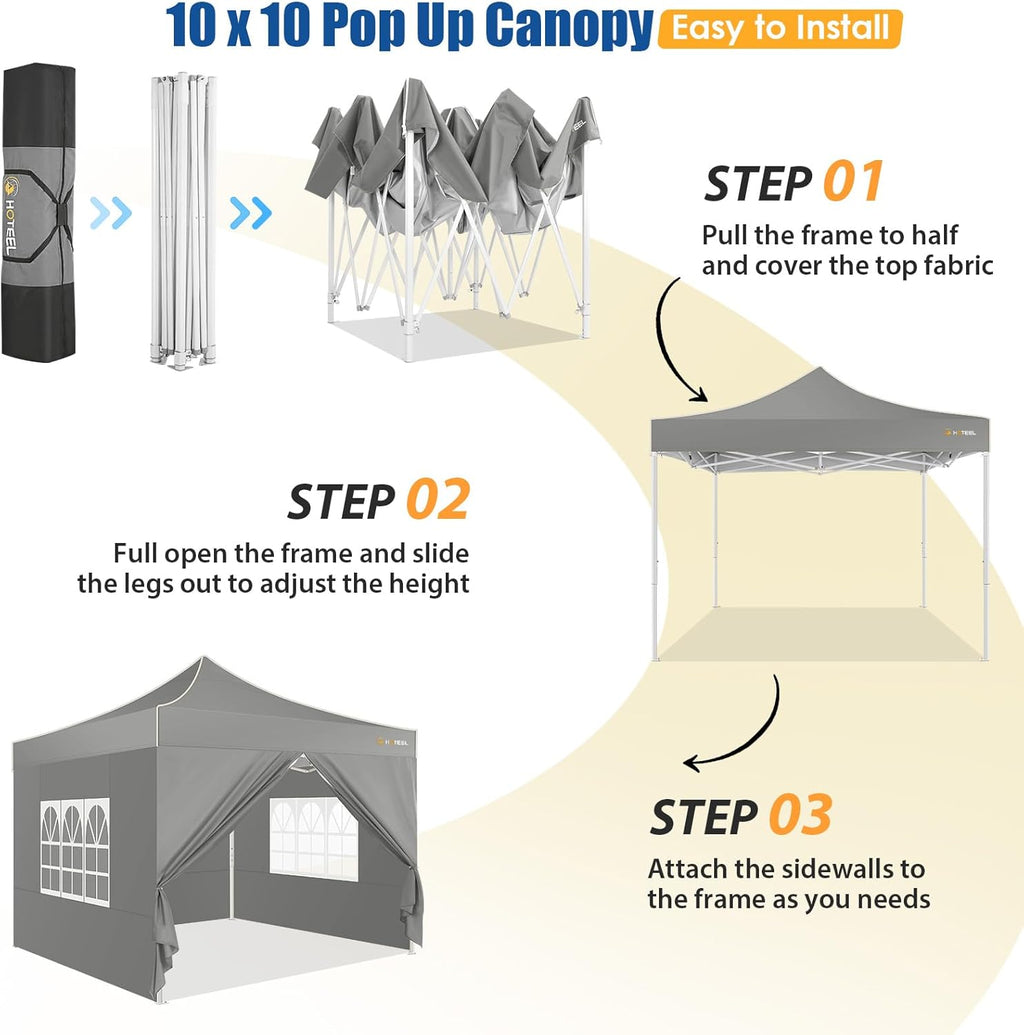 HOTEEL 10x10 Pop up Canopy Tent for Parties, Heavy Duty Easy Setup Tent with 4 Sidewalls, Outdoor Commercial Instant Gazebo for Wedding Event, with Portable Bag, Grey(Hexagonal Frame)