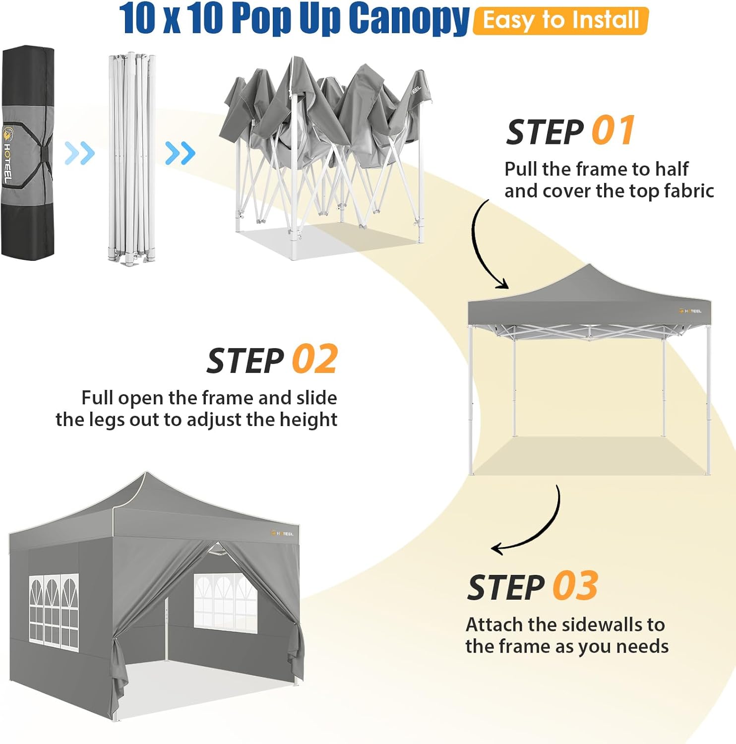 HOTEEL 10x10 Pop up Canopy Tent for Parties, Heavy Duty Easy Setup Tent with 4 Sidewalls, Outdoor Commercial Instant Gazebo for Wedding Event, with Portable Bag, Grey(Hexagonal Frame)