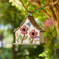 Glitzhome 10.75" L Distressed Solid Wood Hanging Birdhouse with 3D Flowers Rustic Two-Story Townhouse Hand-Painted Garden Bird Houses for Outdoors,Washed White