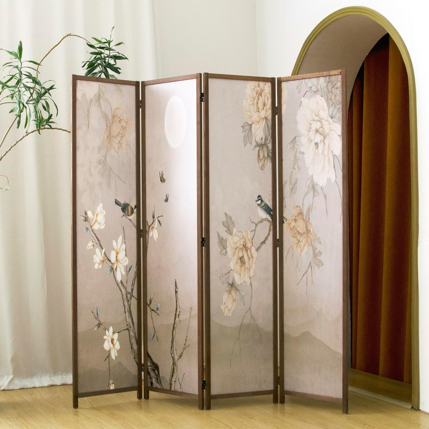 4 Panel Room Divider Folding Privacy Screen,5.6 FT Tall Double Faced Panel Screen,Blackout Panel Divider for Room Seperation,Flower and Bird