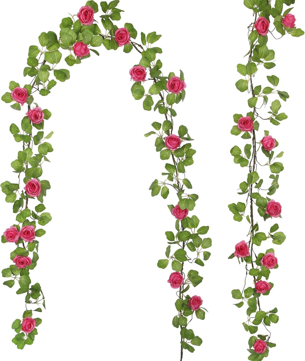 Artificial Roses Vines Flowers Garland Hanging Silk Rose Vine Floral Garland Rose Red UV Resistant Realistic Faux Hanging Flowers Plants Fake Ivy Vines for Outdoor Porch Decor Patio Yard