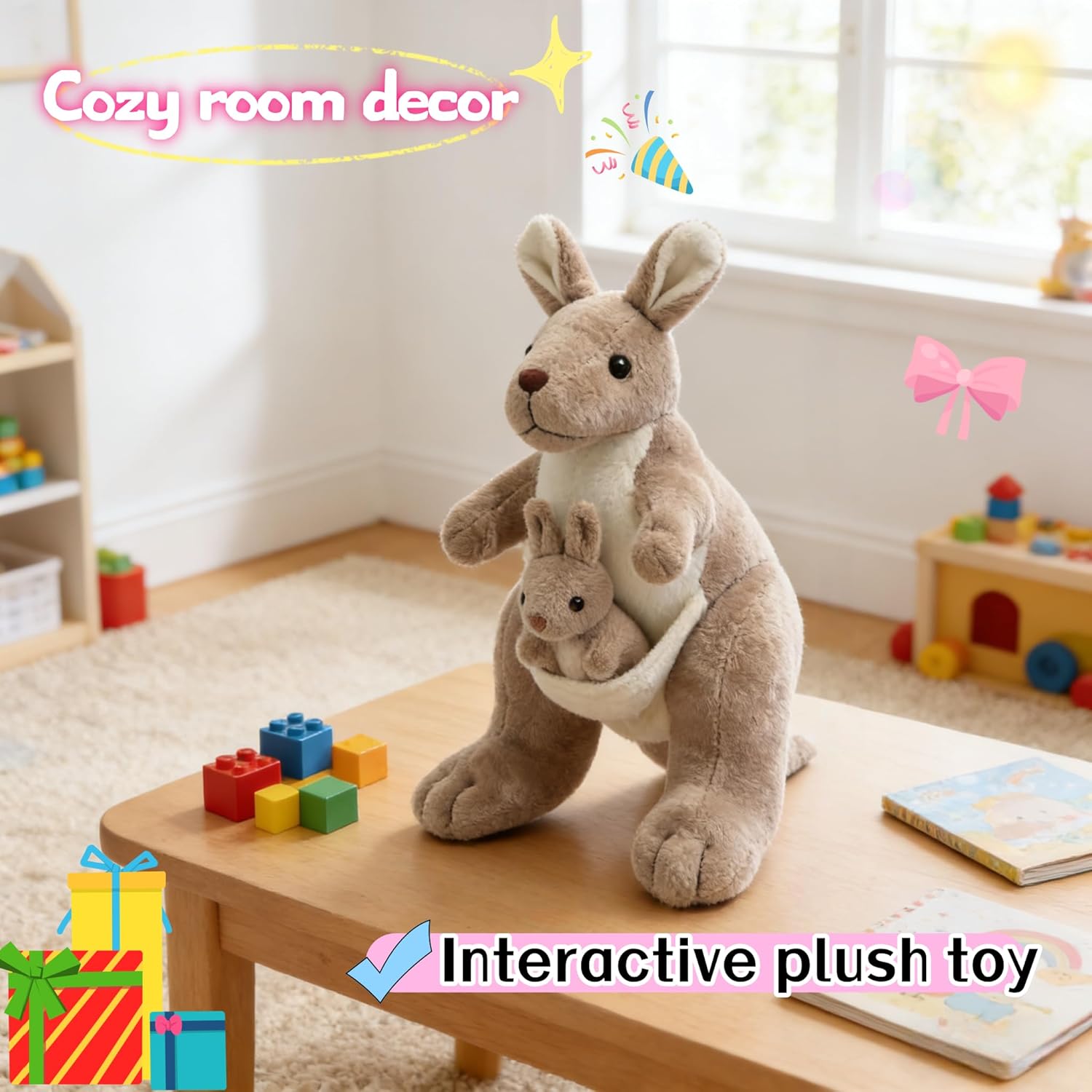 9.84" Kangaroo Plush Toy with Baby Joey, Cute Stuffed Animal Doll, Soft Cuddly Kangaroo Mom and Baby, Perfect Birthday for Kids, Friends, Home Decoration