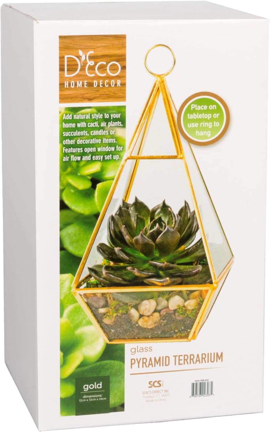 D'Eco Hanging Glass Pyramid Plant Terrarium (5x5x10)- Indoor Tabletop Gold Geometric Planter Terrarium for Succulents, Air Plants, Moss - Home & Office Holiday Decor - Xmas Gift for Plant Lovers