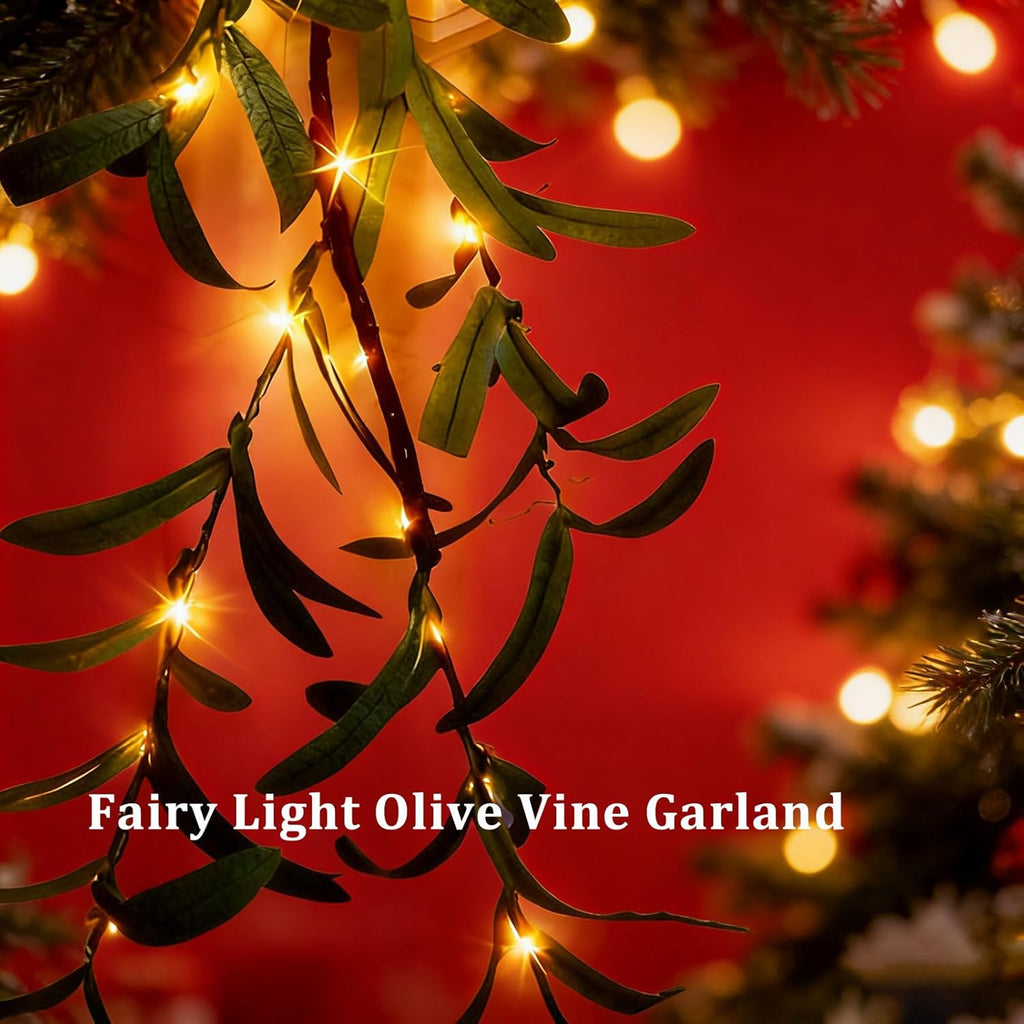 6FT - 2Pack Twinkling Tree Fairy Light Olive Vine Garland,Lighted Olive Tree,Cozy Home Decor,Pre-Lit Lighted Artificial Olive Garland with Timer for Christmas Decorations (Olive Garland, 2)