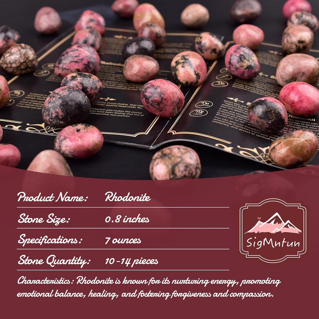 Polished Stone Set Rhodonite Crystals, 0.8" Handpicked Tumbled Gemstones Rocks, Pebbles for Reiki, Chakra, Healing, Home Decor