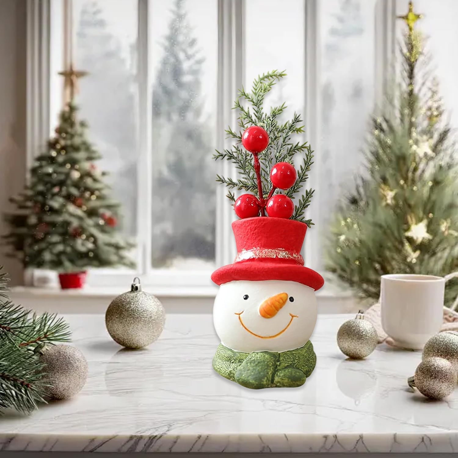 Christmas Table Decor - Artificial Mini Christmas Tree Decorations for Tables Fake Red Berry ＆ Pine Branch with Cute Box Base for Winter Indoor Home Table Fireplace Mantel Decorations