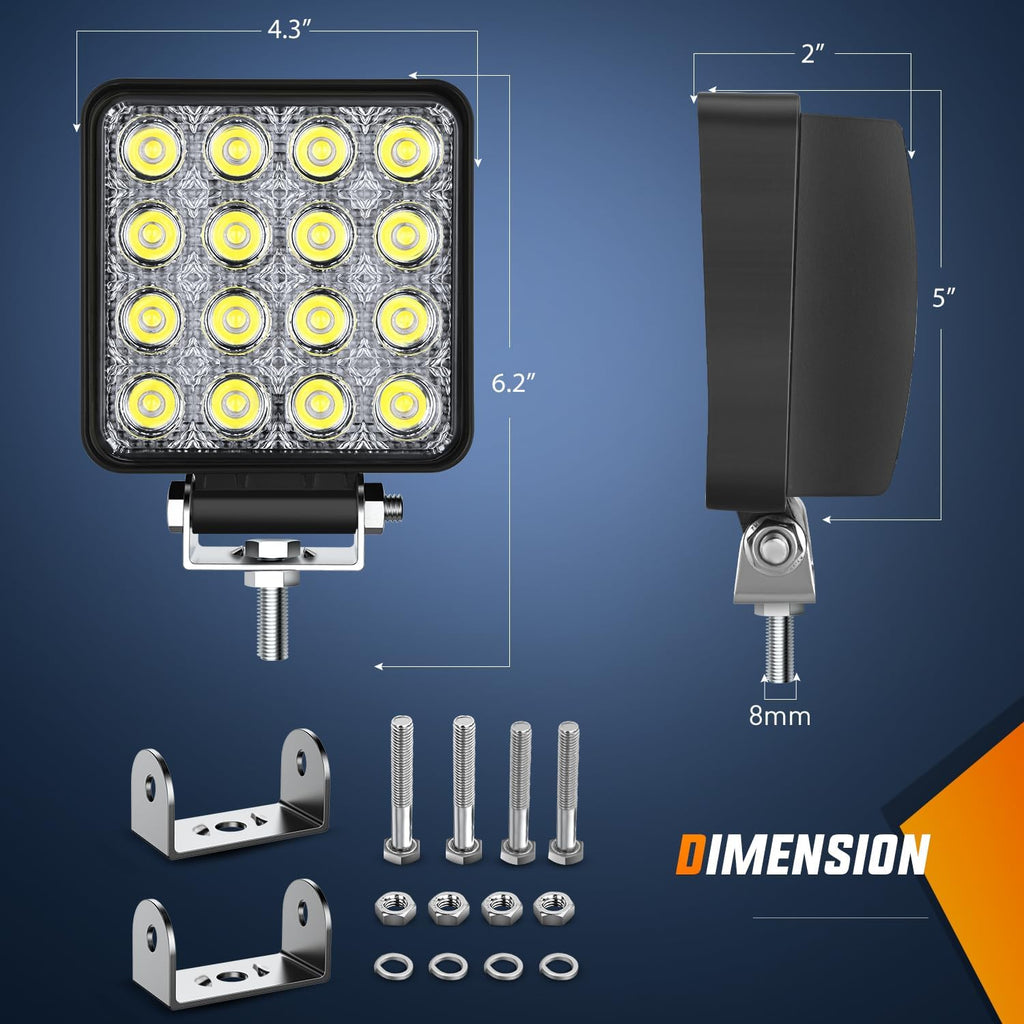 Nilight 4 Inch Square LED Tractor Light Pods 2PCS 48W Flood Work Lamps for Truck Off-Road Vehicles ATV UTV Boat